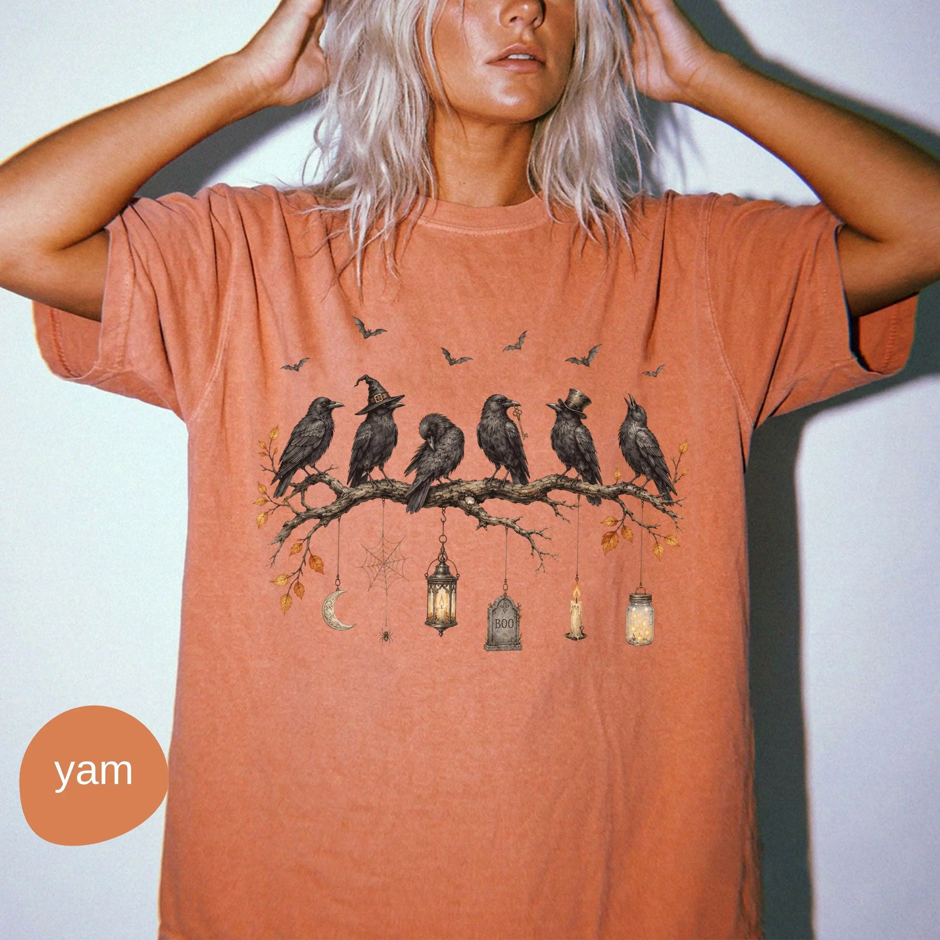 Comfort Colors Black Crow Halloween T-Shirt, Cute Spooky Season Fall Graphic Tee, October Bird Top for Women - photo 3