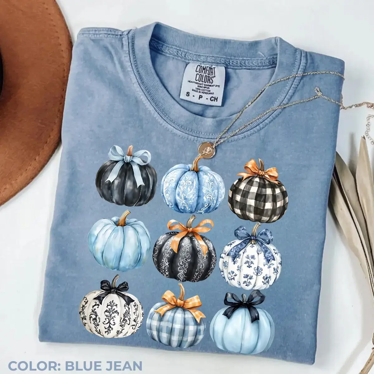 Comfort Colors Blue Bow Pumpkin T-Shirt, Coquette Graphic Tee, Vintage Fall Cute Autumn Cozy Seasonal Gift for Women