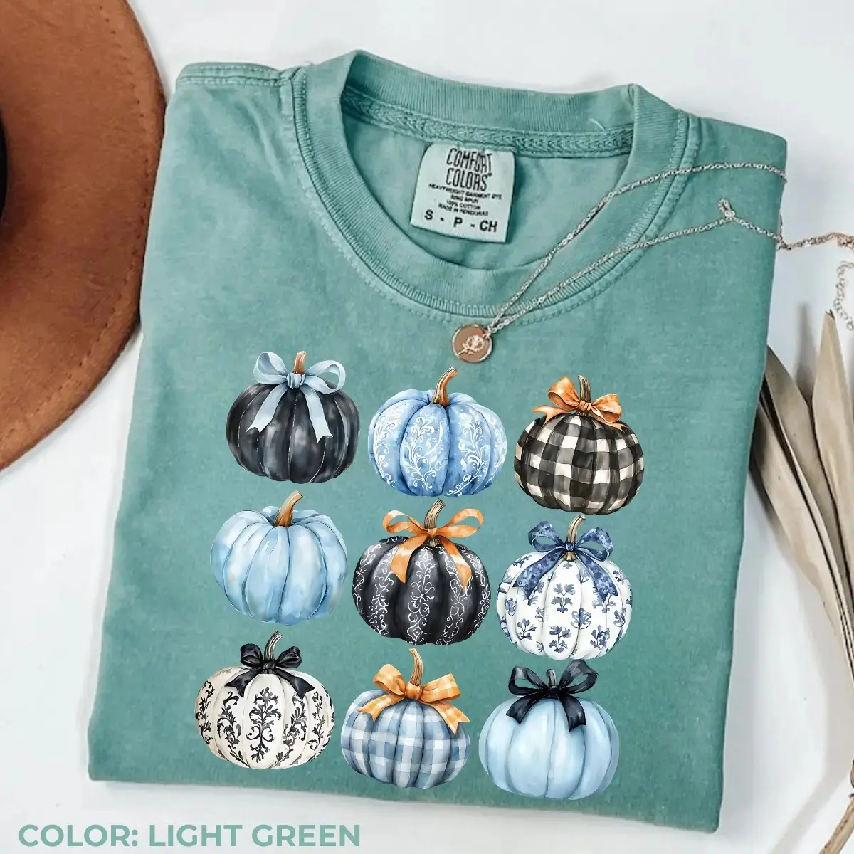 Comfort Colors Blue Bow Pumpkin T-Shirt, Coquette Graphic Tee, Vintage Fall Cute Autumn Cozy Seasonal Gift for Women - photo 2