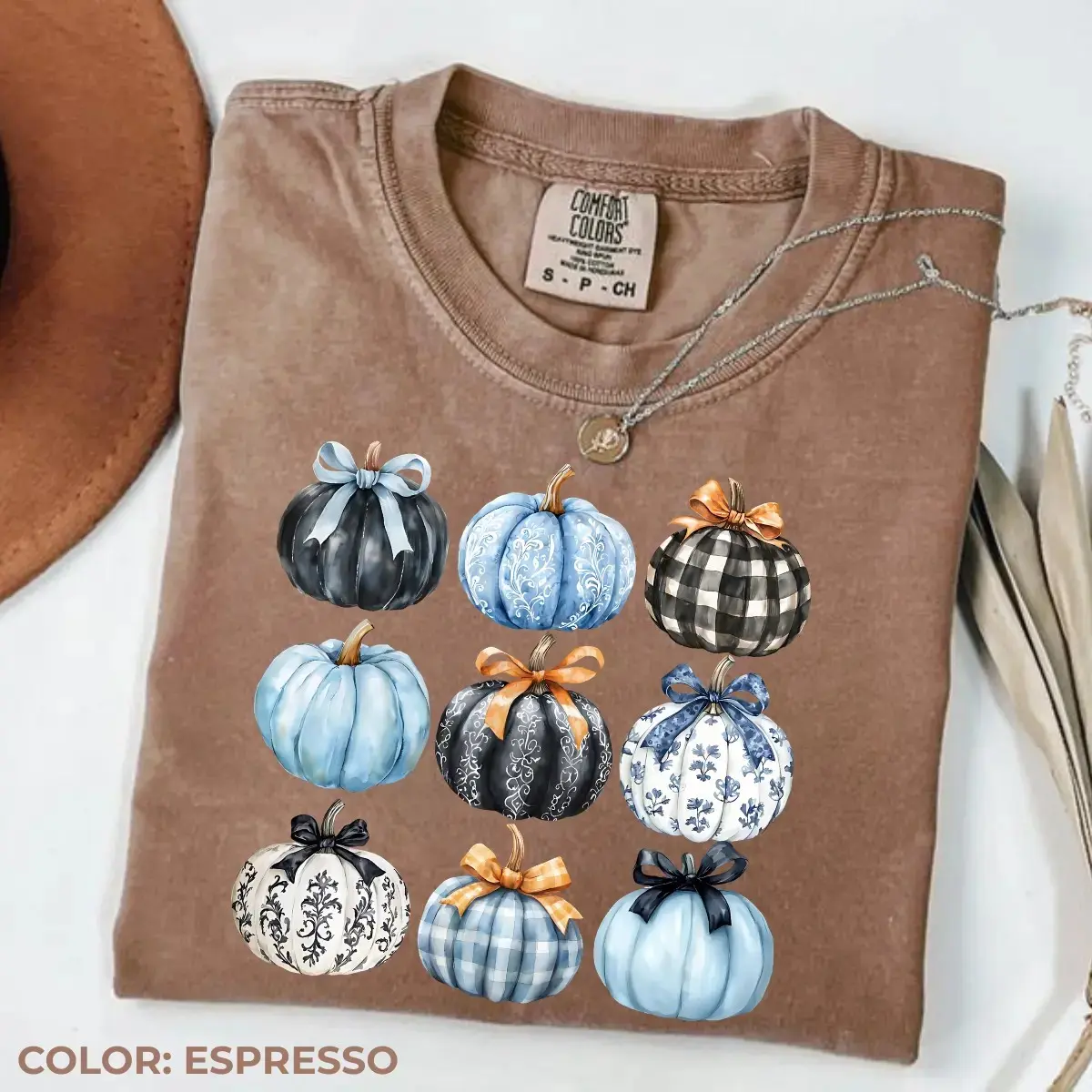 Comfort Colors Blue Bow Pumpkin T-Shirt, Coquette Graphic Tee, Vintage Fall Cute Autumn Cozy Seasonal Gift for Women - photo 3