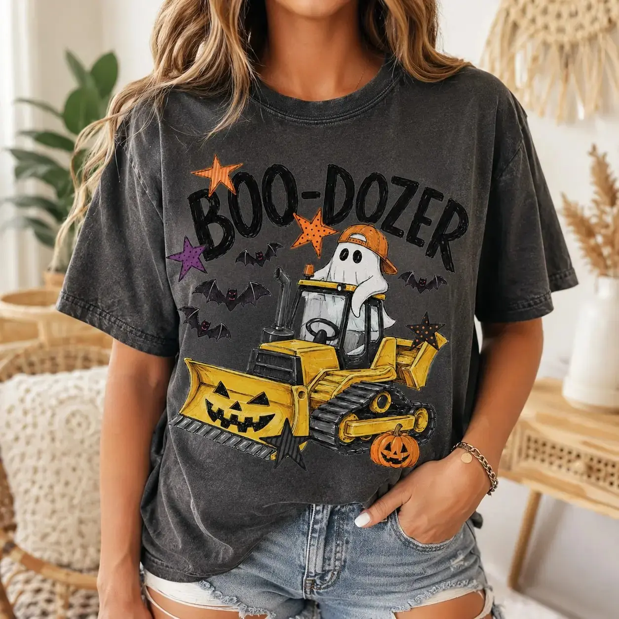 Comfort Colors Boo-Dozer Ghost Bulldozer Halloween Shirt for Women, Cute Construction Graphic Tee, Funny Fall October Top