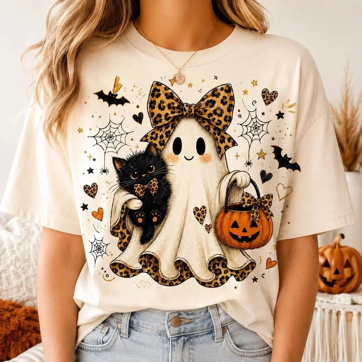 Comfort Colors Boo Ghost & Black Cat Shirt, Leopard Bow Spooky Season Halloween Fall Tee for Women