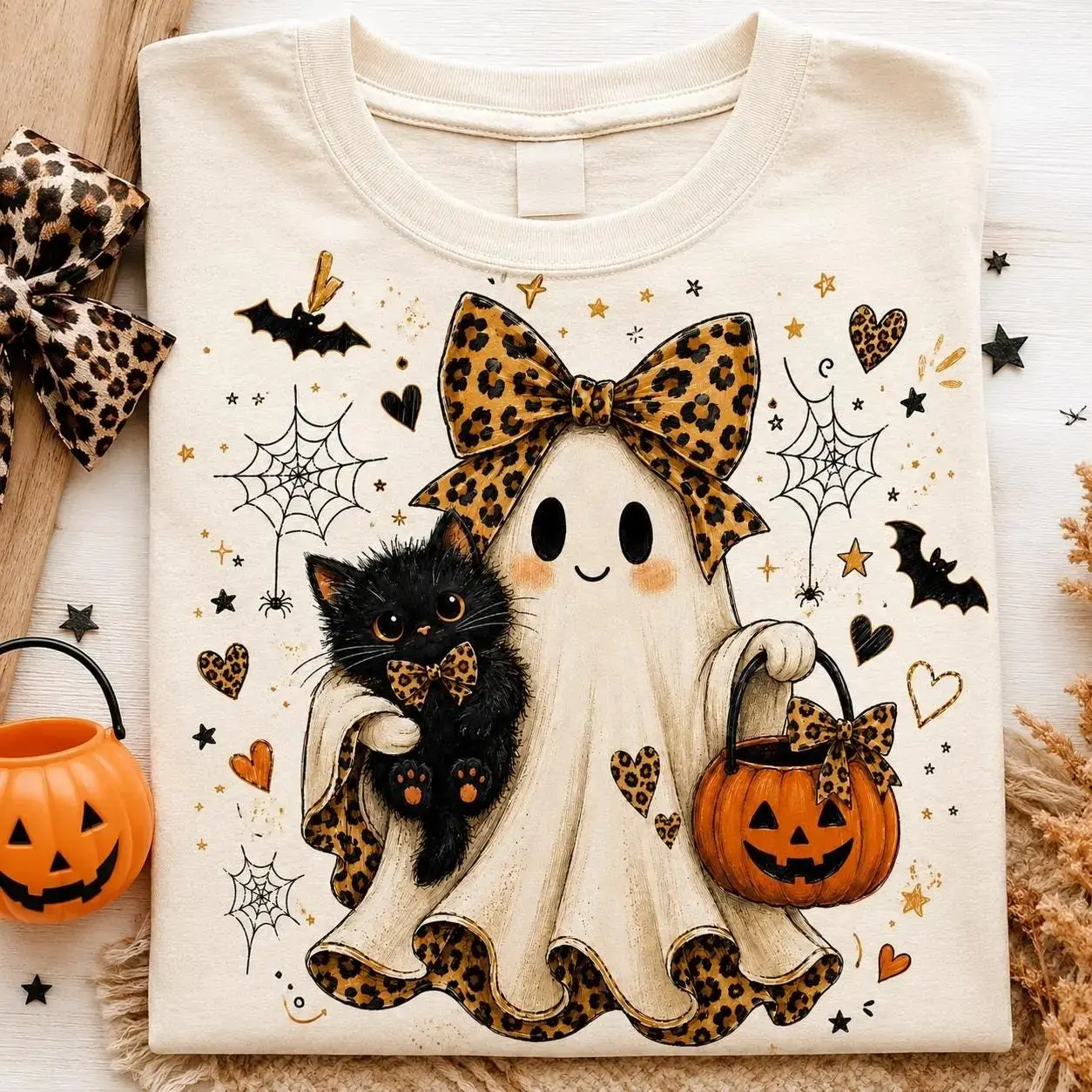 Comfort Colors Boo Ghost & Black Cat Shirt, Leopard Bow Spooky Season Halloween Fall Tee for Women - photo 2