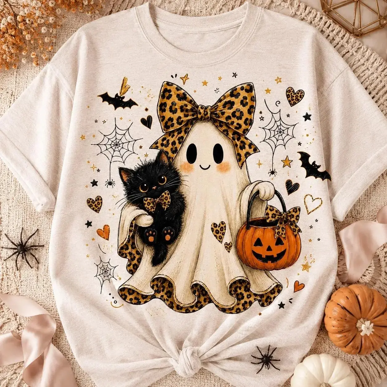 Comfort Colors Boo Ghost & Black Cat Shirt, Leopard Bow Spooky Season Halloween Fall Tee for Women - photo 3