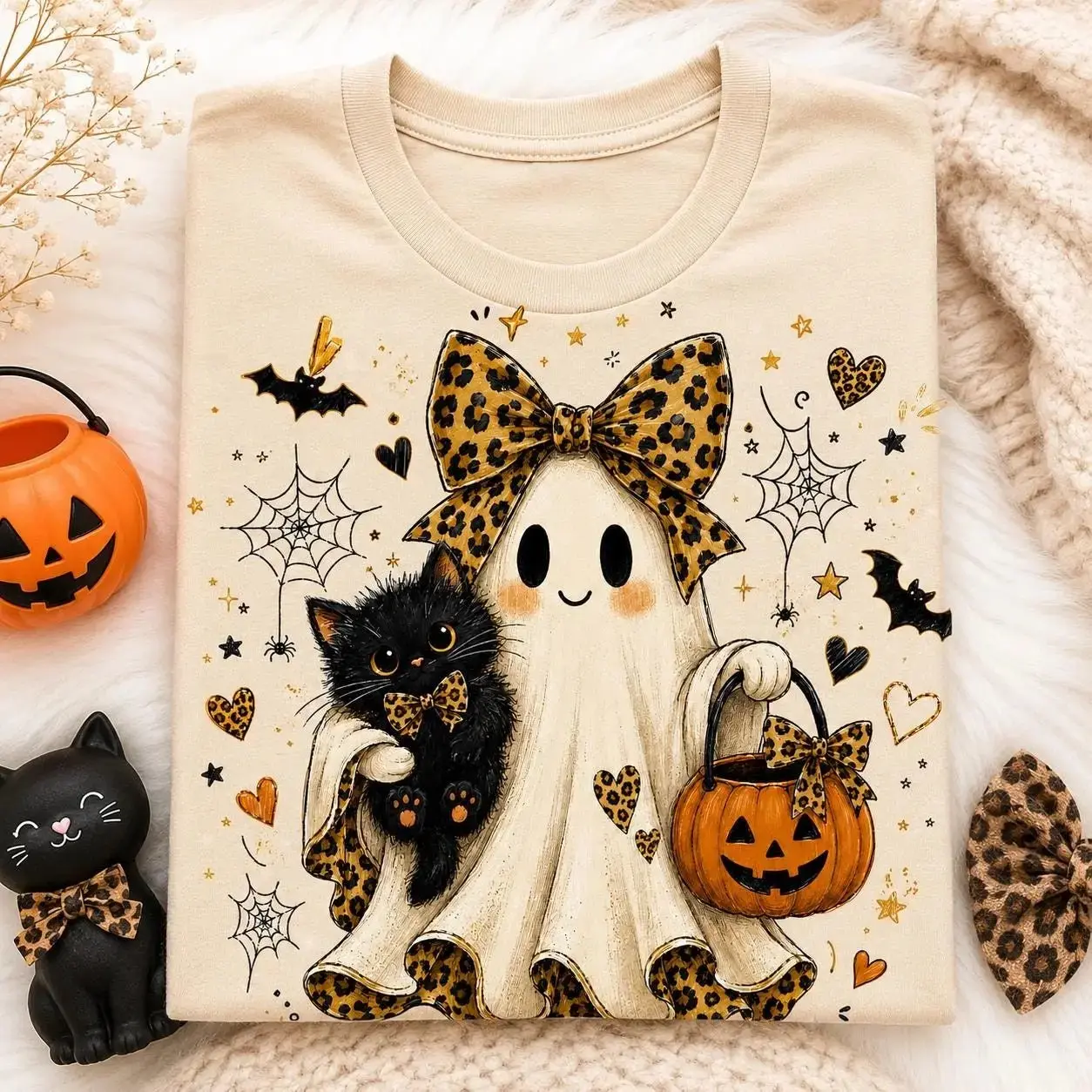 Comfort Colors Boo Ghost & Black Cat Shirt, Leopard Bow Spooky Season Halloween Fall Tee for Women - photo 4