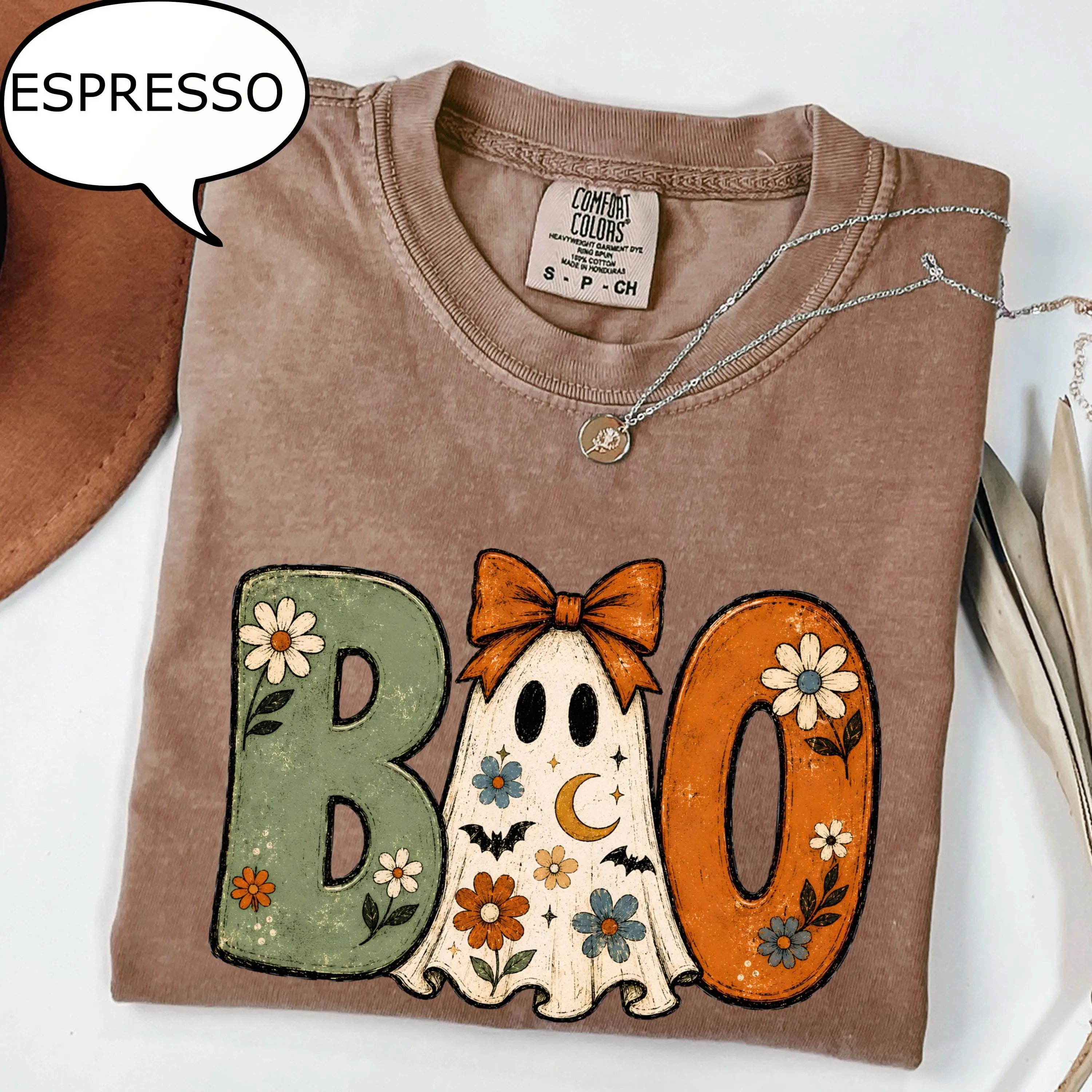 Comfort Colors Boo Ghost T-Shirt, Girly Halloween Boho Floral Graphic Tee, Spooky Season Gift