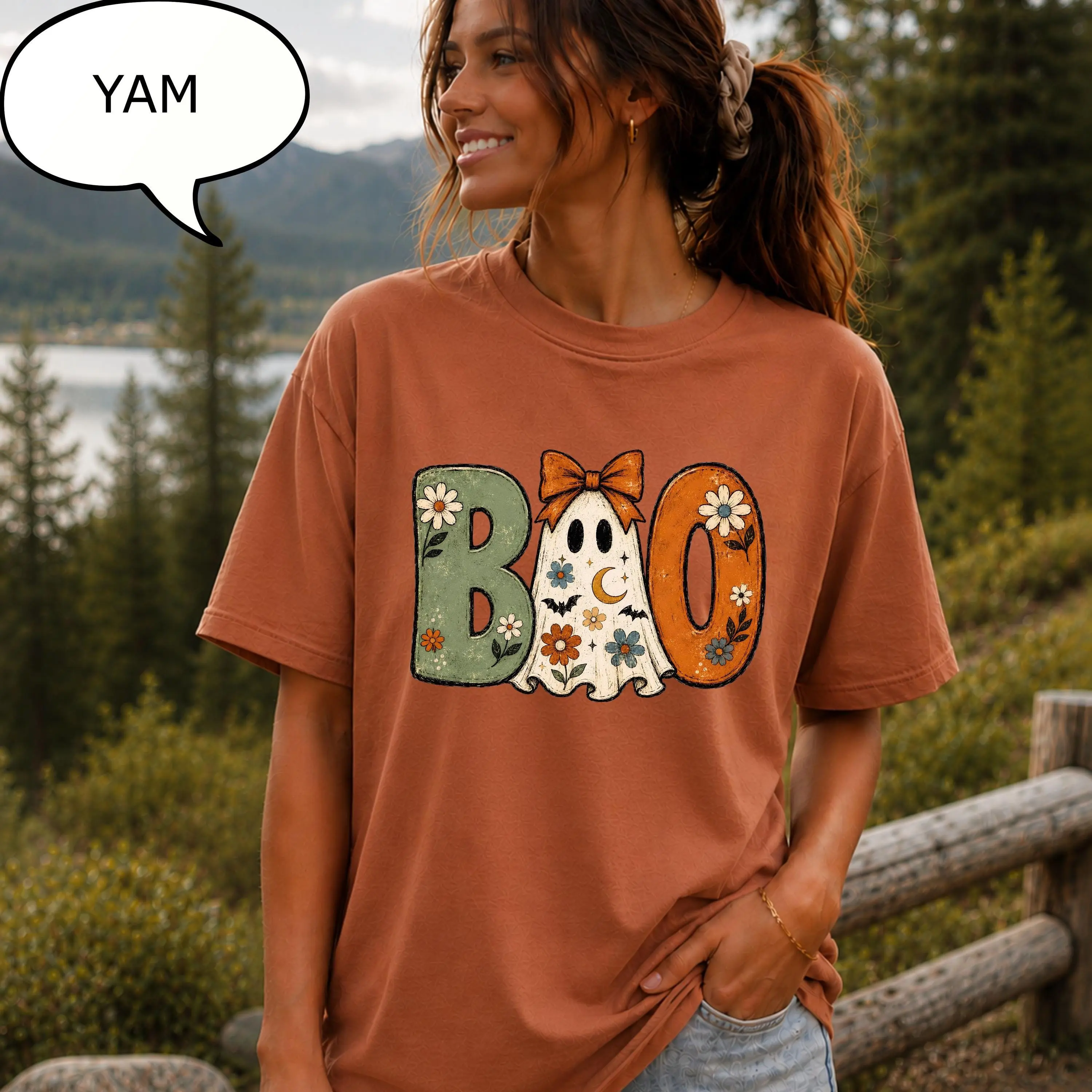 Comfort Colors Boo Ghost T-Shirt, Girly Halloween Boho Floral Graphic Tee, Spooky Season Gift - photo 2