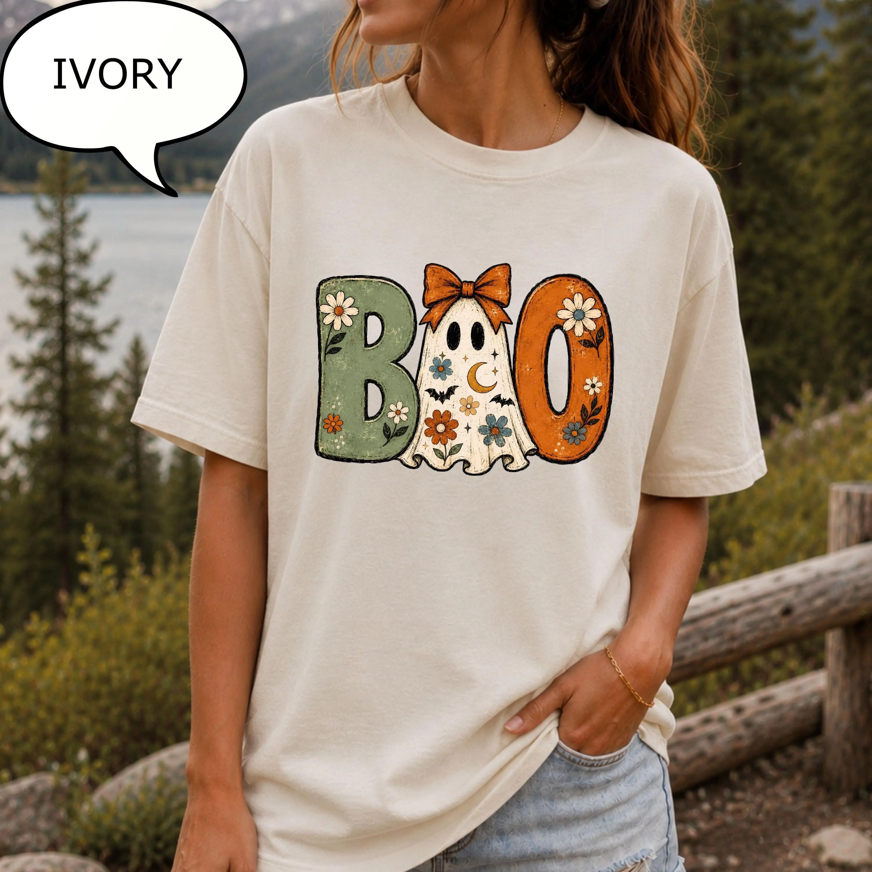 Comfort Colors Boo Ghost T-Shirt, Girly Halloween Boho Floral Graphic Tee, Spooky Season Gift - photo 3