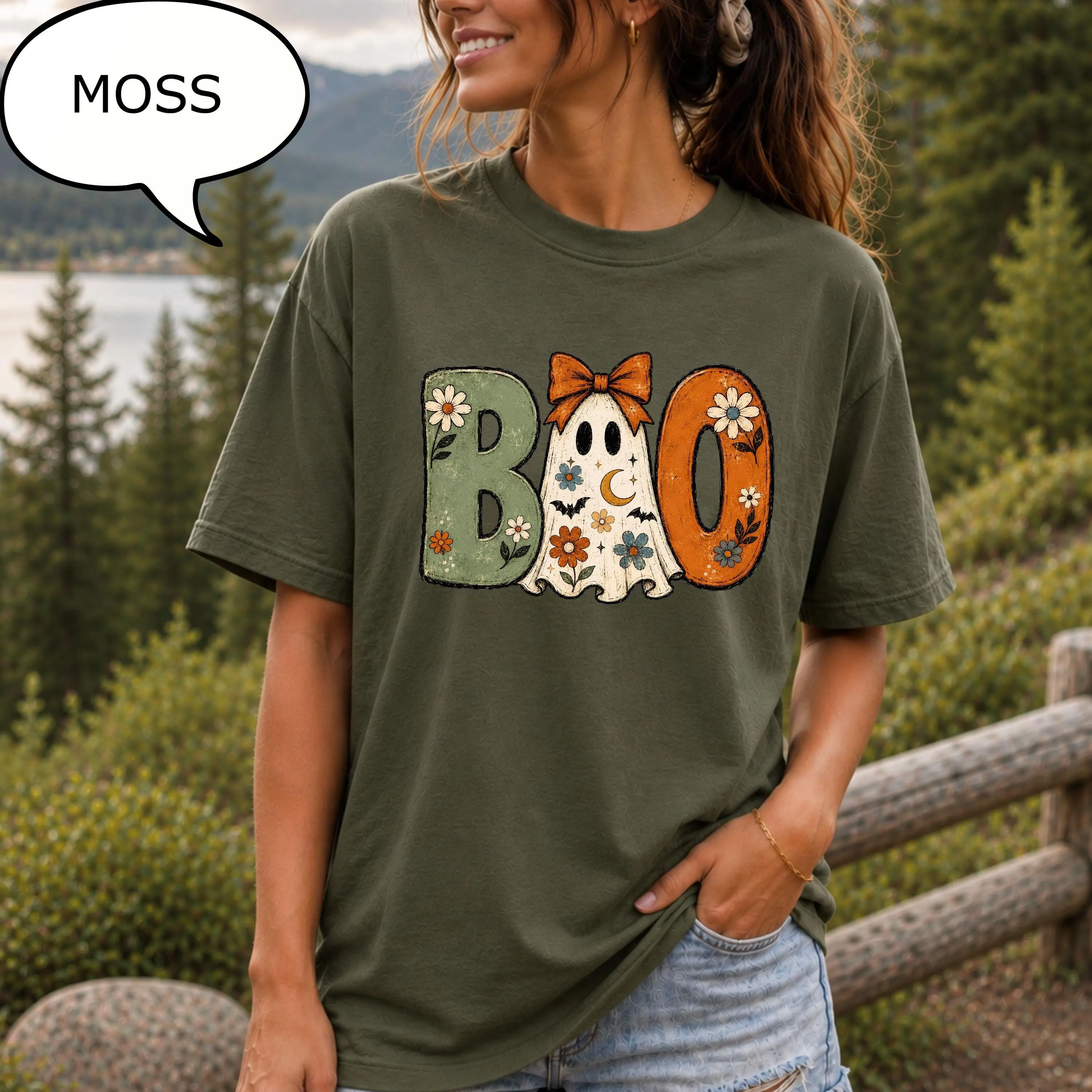 Comfort Colors Boo Ghost T-Shirt, Girly Halloween Boho Floral Graphic Tee, Spooky Season Gift - photo 4