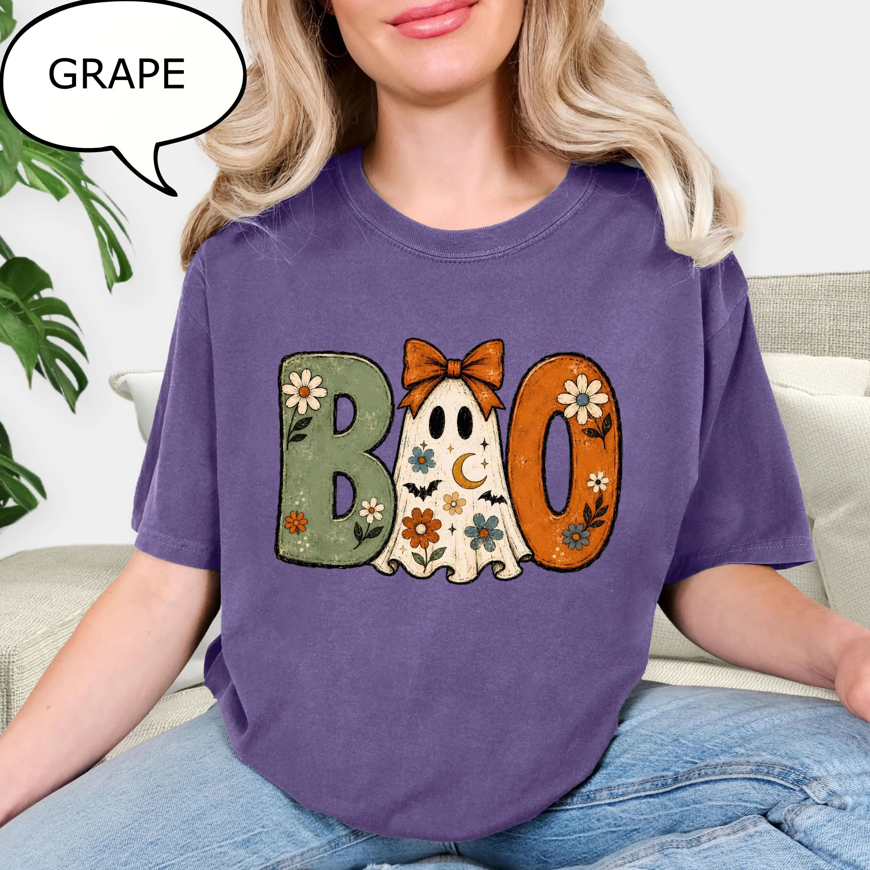 Comfort Colors Boo Ghost T-Shirt, Girly Halloween Boho Floral Graphic Tee, Spooky Season Gift - photo 5