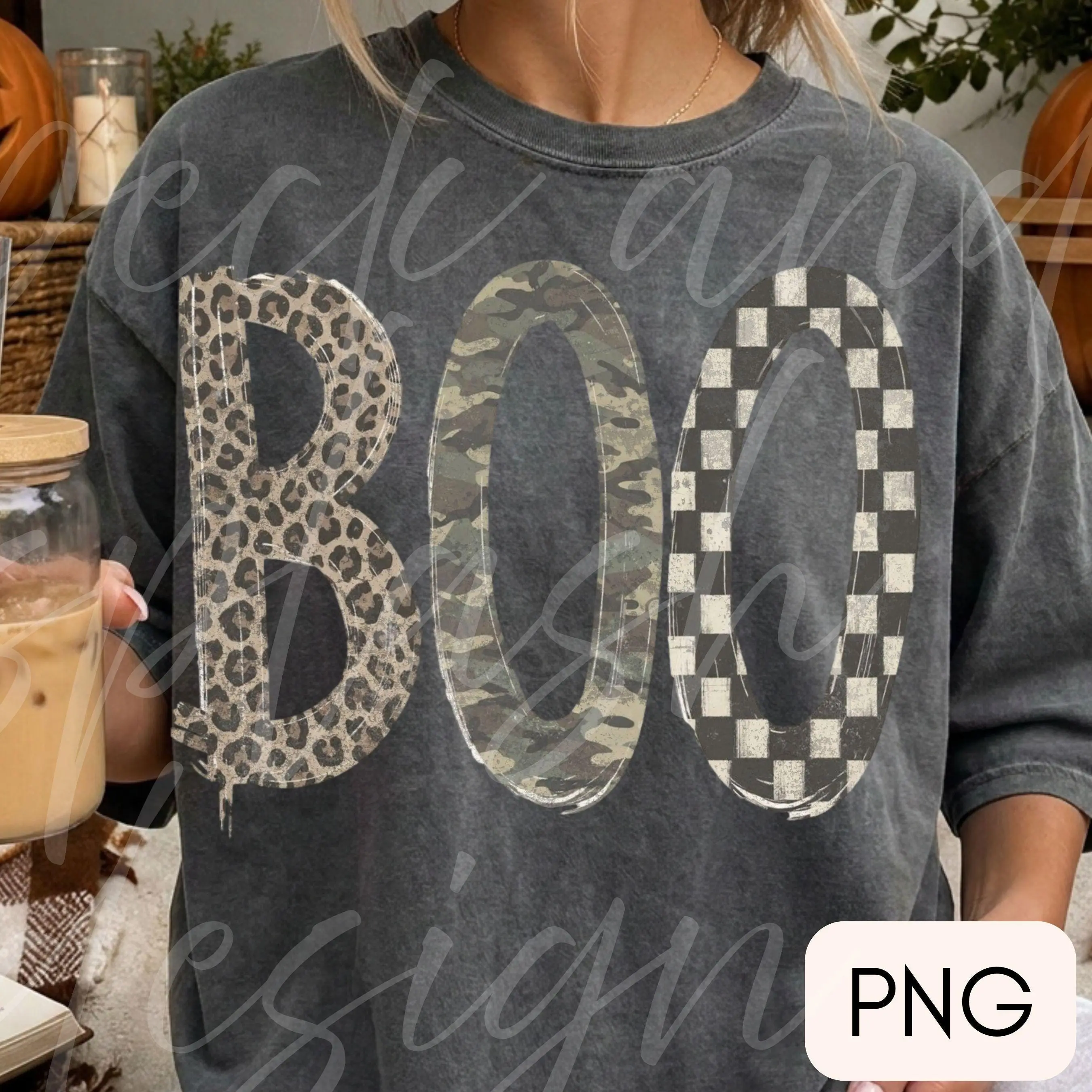 Comfort Colors Boo Halloween T-Shirt, Checkered Leopard Camo Distressed Fall Graphic Tee, Girly Trendy Thanksgiving Top