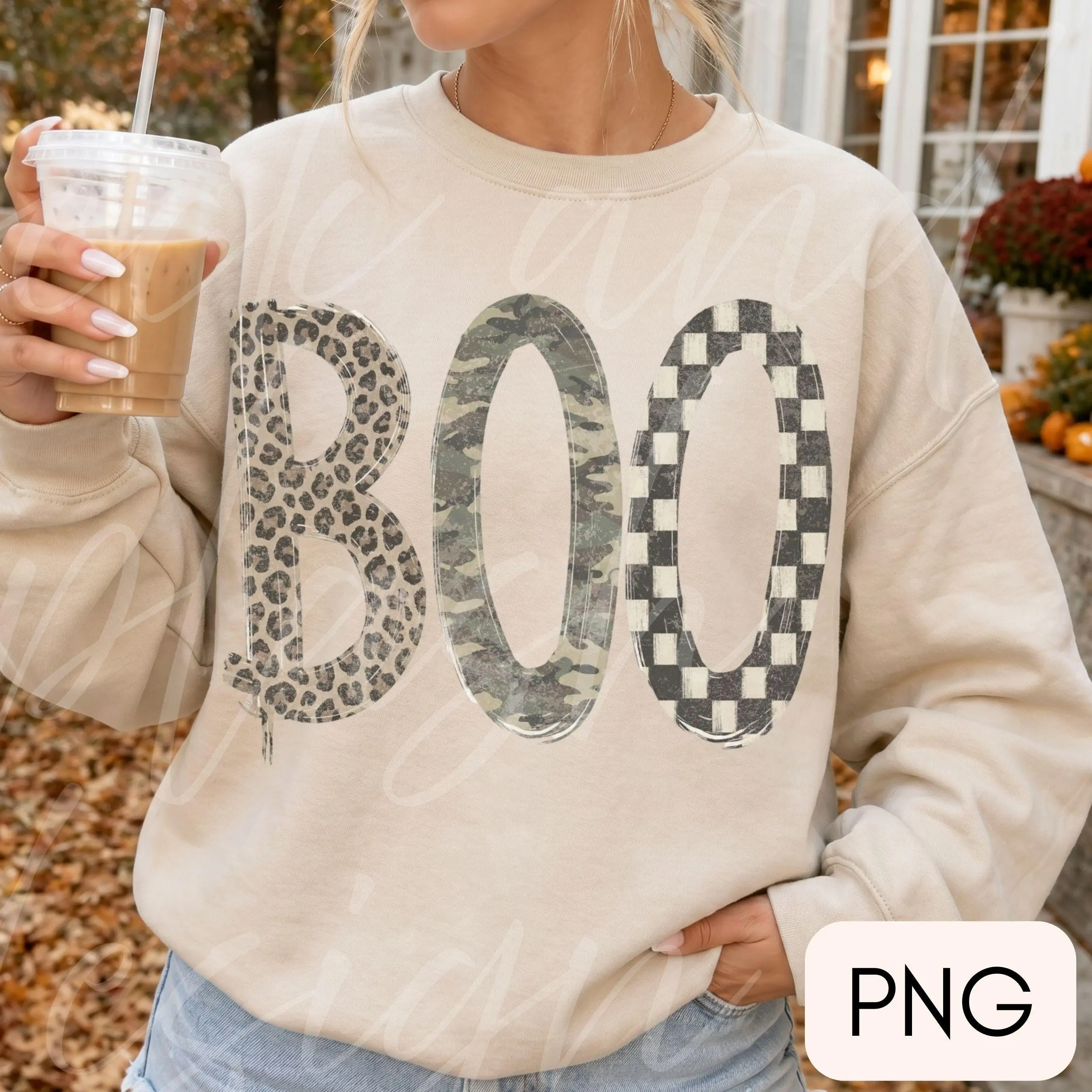Comfort Colors Boo Halloween T-Shirt, Checkered Leopard Camo Distressed Fall Graphic Tee, Girly Trendy Thanksgiving Top - photo 2