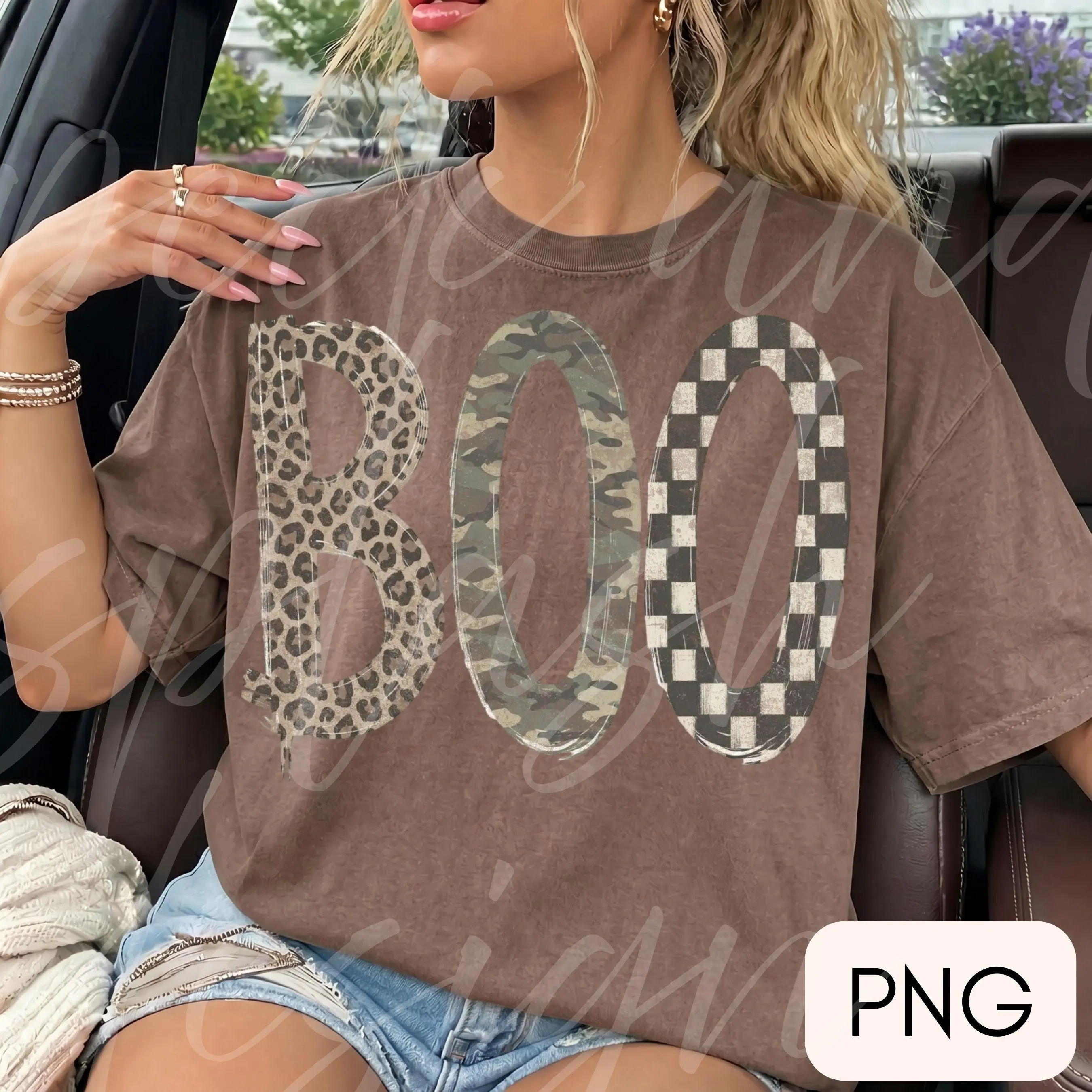 Comfort Colors Boo Halloween T-Shirt, Checkered Leopard Camo Distressed Fall Graphic Tee, Girly Trendy Thanksgiving Top - photo 3