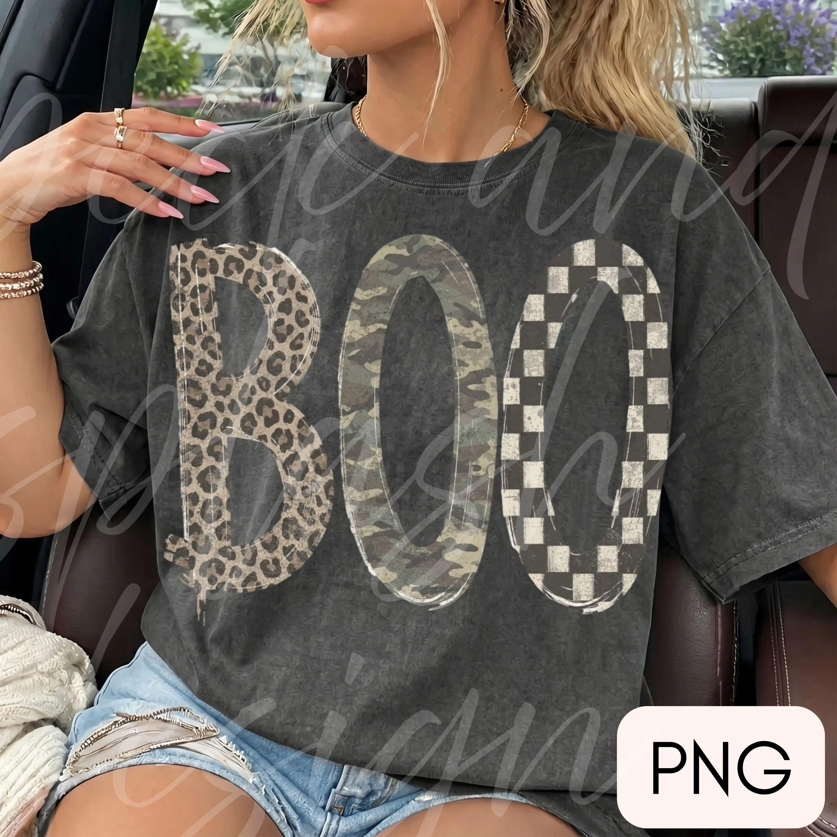 Comfort Colors Boo Halloween T-Shirt, Checkered Leopard Camo Distressed Fall Graphic Tee, Girly Trendy Thanksgiving Top - photo 4