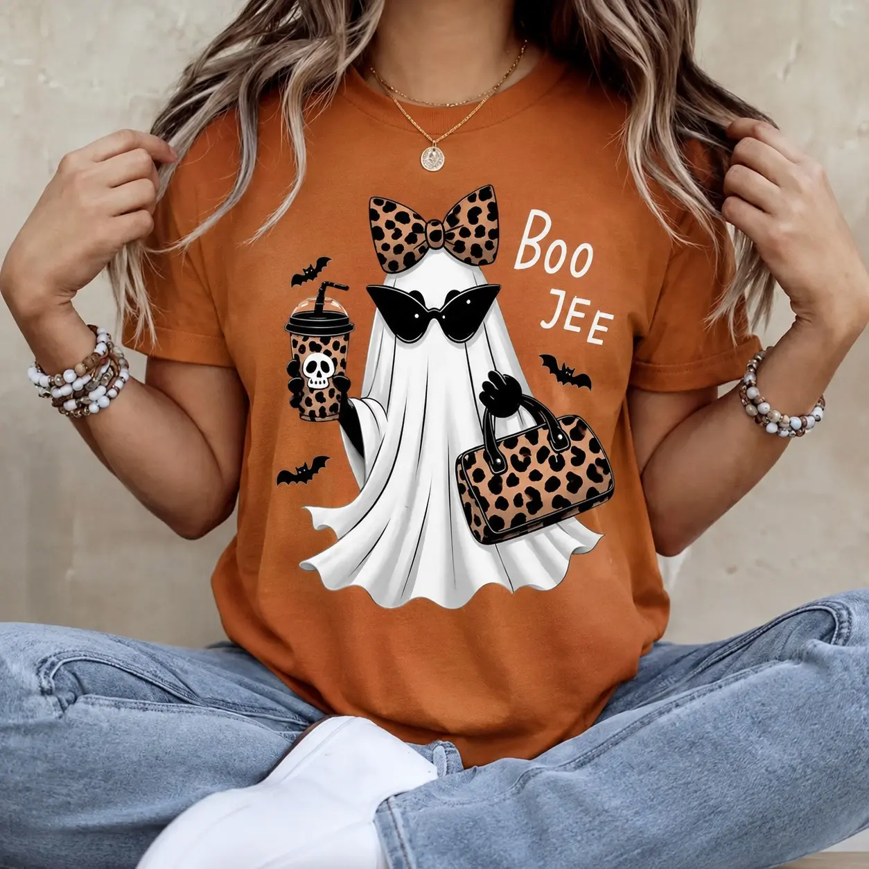 Comfort Colors Boo-Jee Ghost Leopard Shirt, Coffee Funny Fall Graphic Tee, Girly Halloween Gift