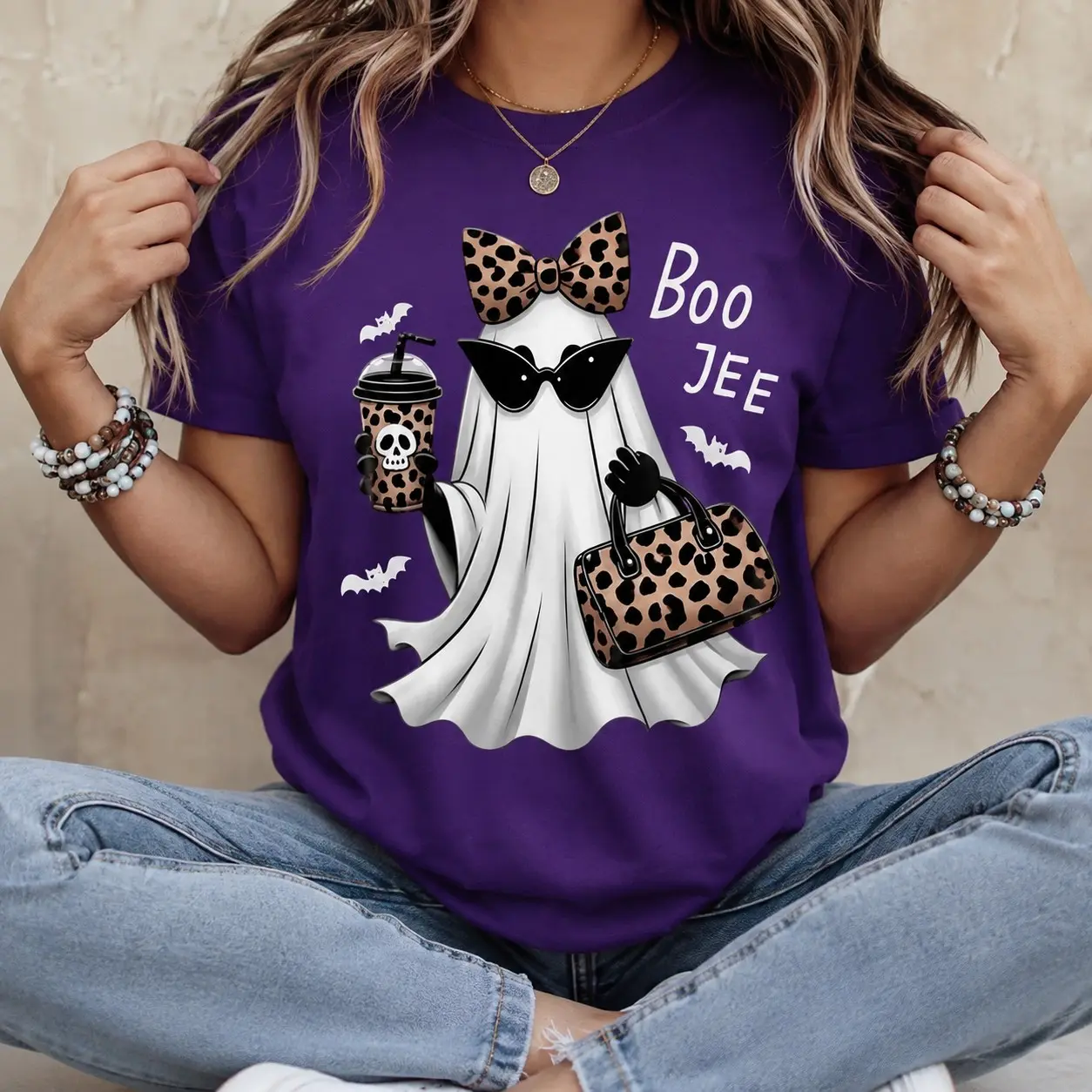 Comfort Colors Boo-Jee Ghost Leopard Shirt, Coffee Funny Fall Graphic Tee, Girly Halloween Gift - photo 2