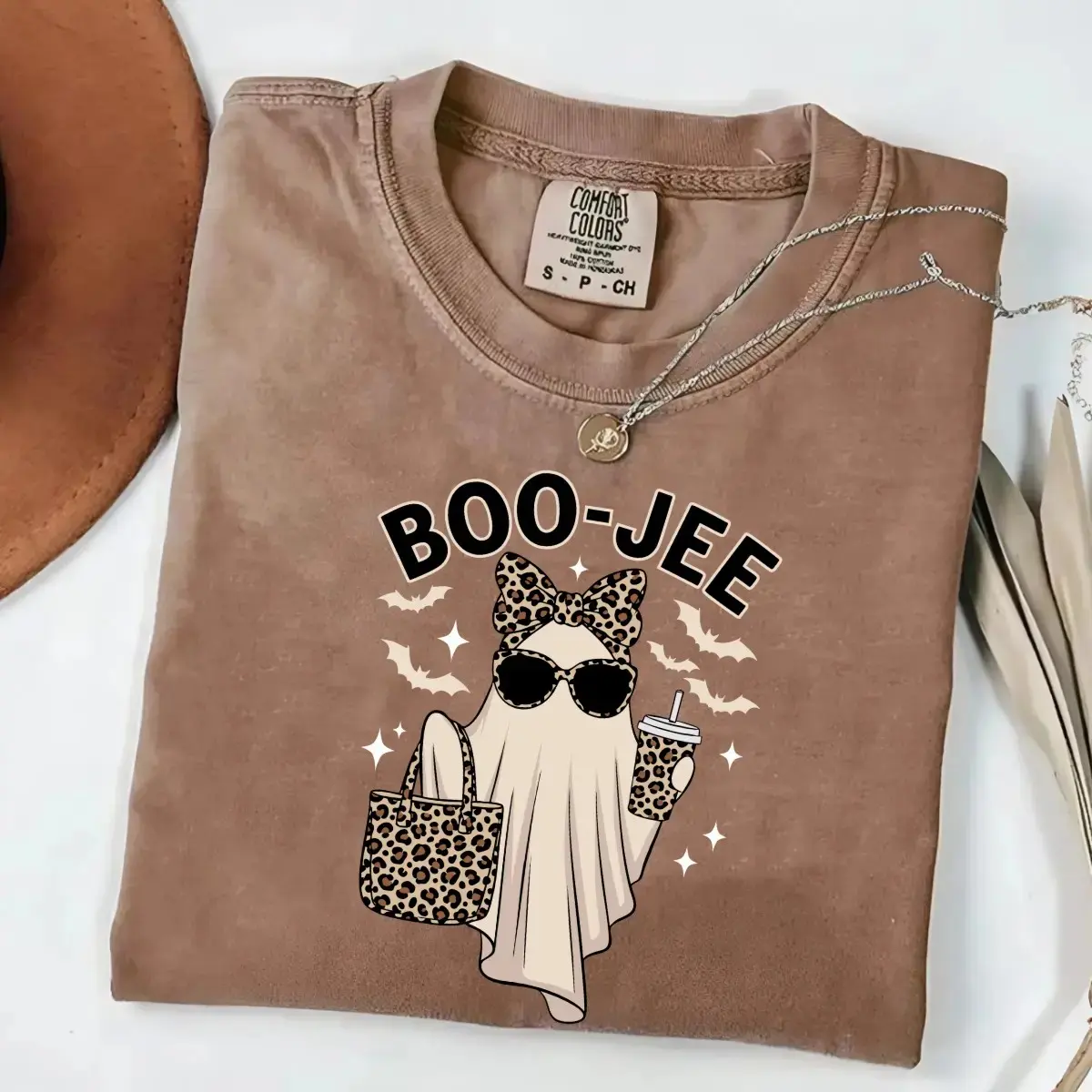 Comfort Colors Boo-Jee Halloween T-Shirt, Leopard Ghost Cute Funny Trendy Spooky Season Fall Tee for Women