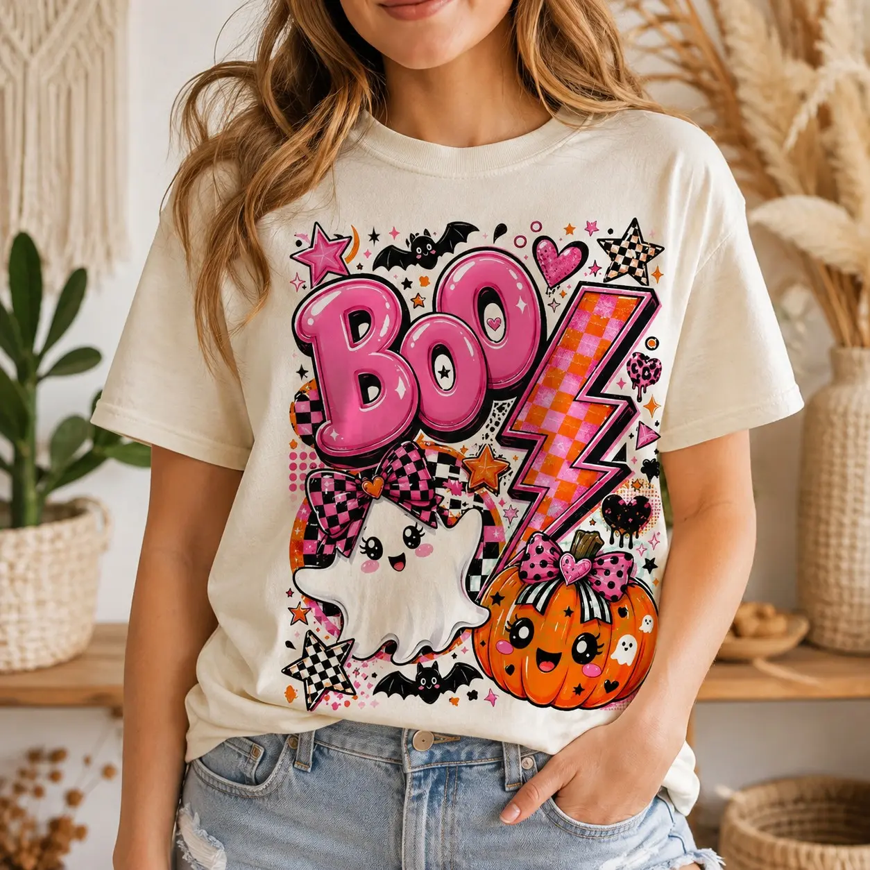 Comfort Colors Boo Lightning Bolt Checkered Pumpkin Women Short Sleeve Halloween Festival