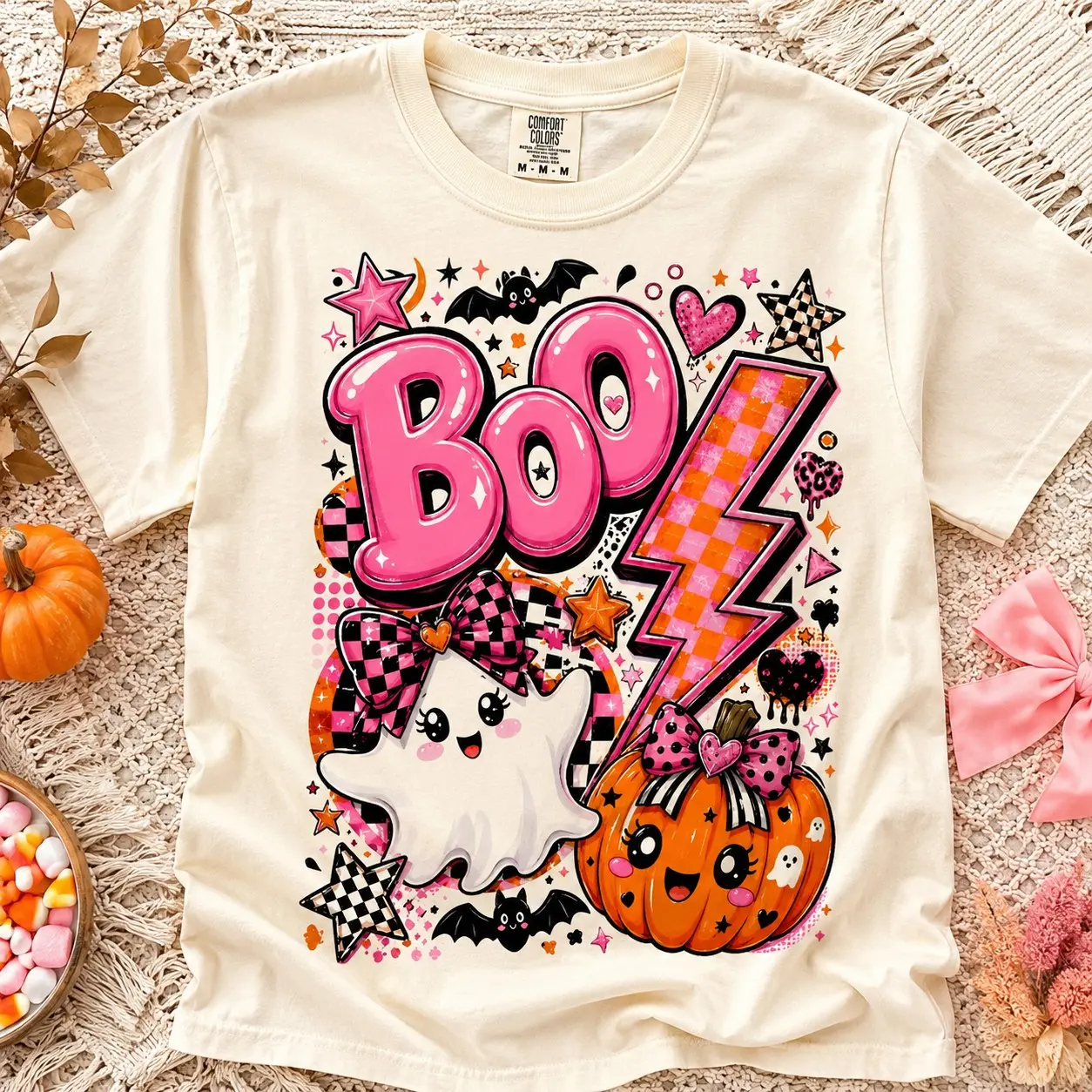 Comfort Colors Boo Lightning Bolt Checkered Pumpkin Women Short Sleeve Halloween Festival - photo 2