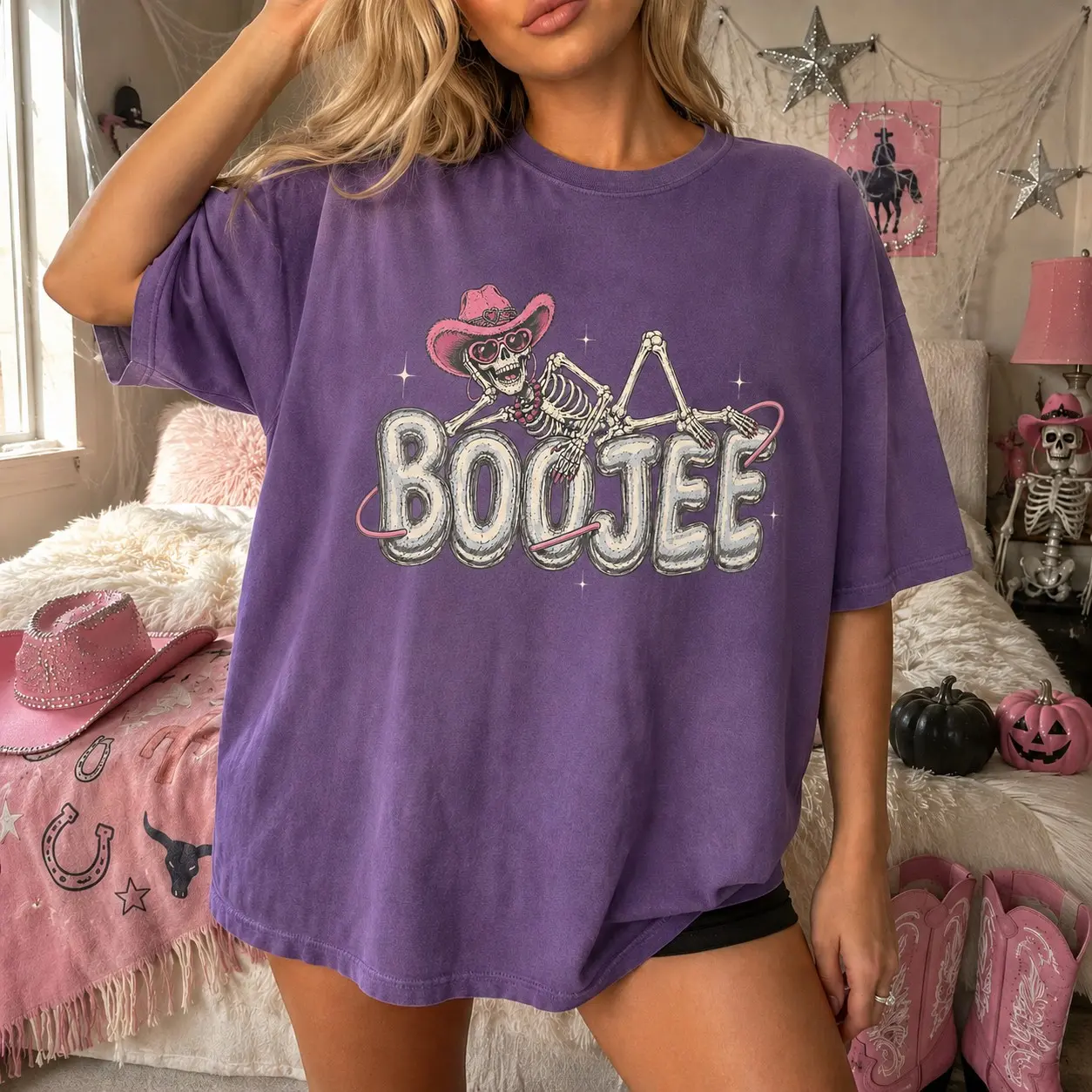 Comfort Colors Boojee Pink Skeleton Cowboy Shirt, Funny Glam Reaper On The Phone Spooky Halloween Tee