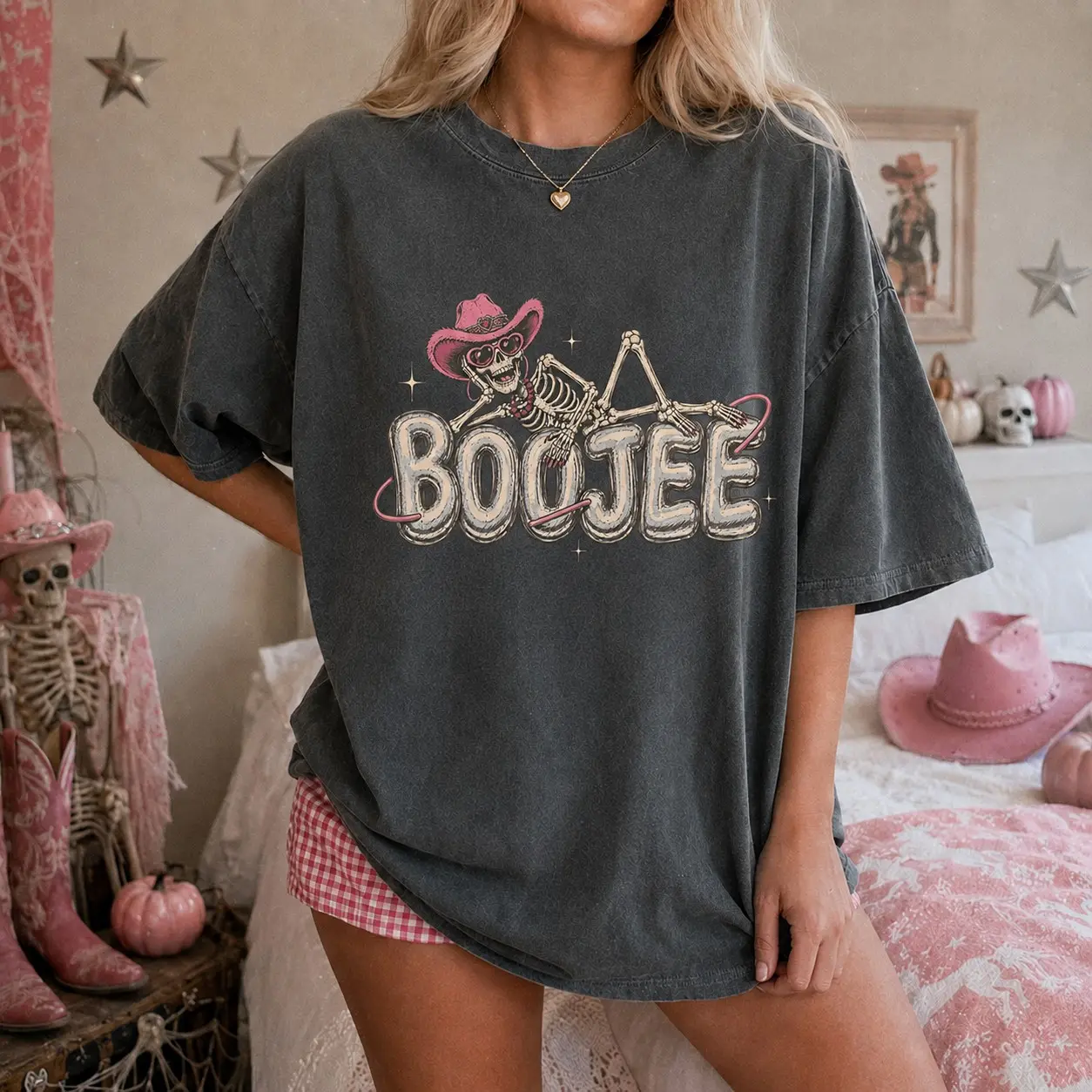 Comfort Colors Boojee Pink Skeleton Cowboy Shirt, Funny Glam Reaper On The Phone Spooky Halloween Tee - photo 2