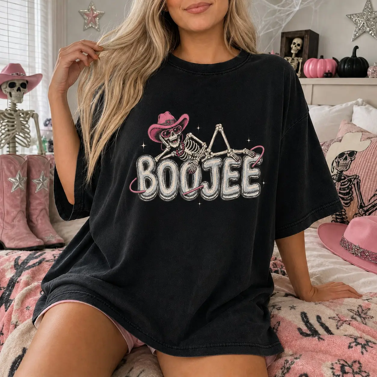 Comfort Colors Boojee Pink Skeleton Cowboy Shirt, Funny Glam Reaper On The Phone Spooky Halloween Tee - photo 3
