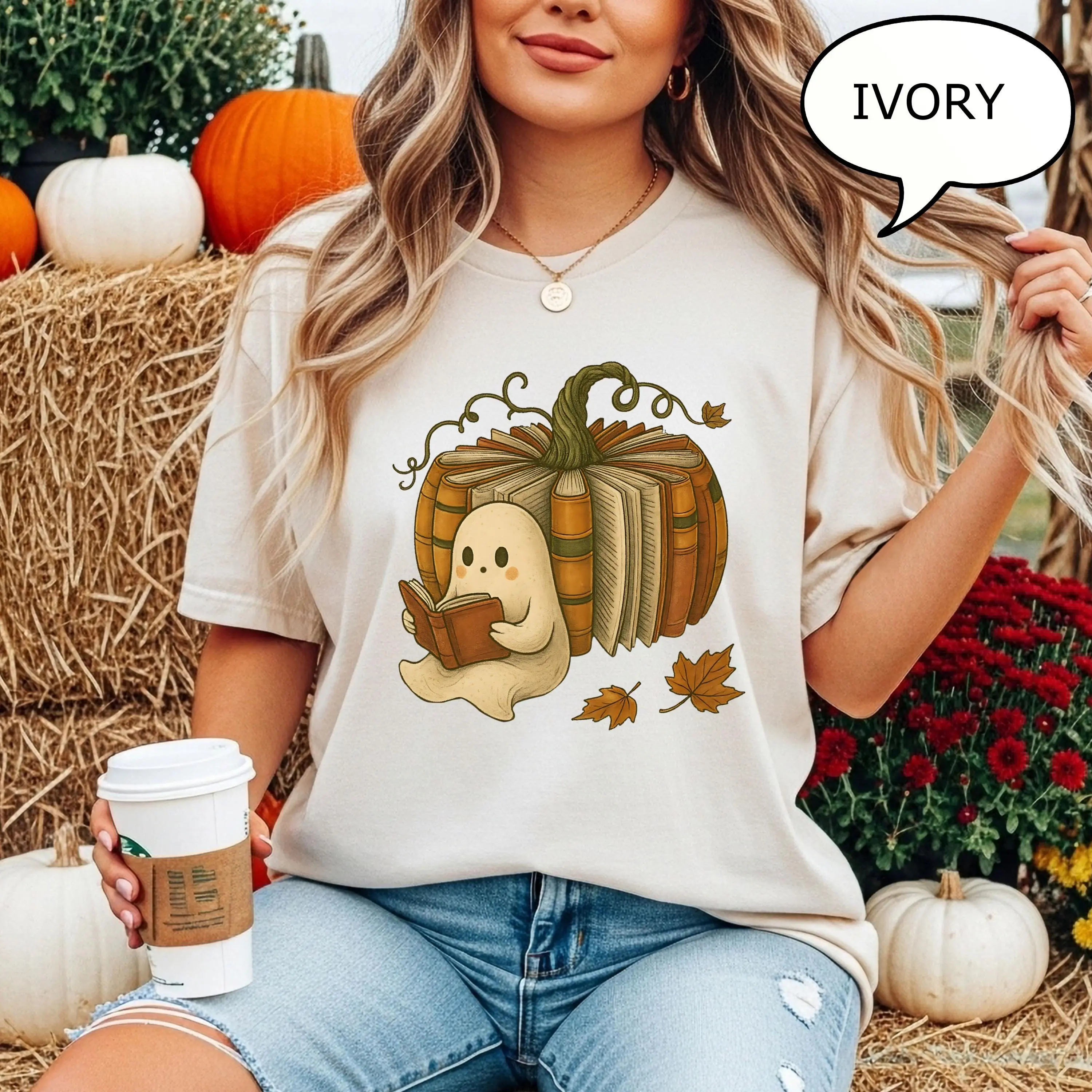 Comfort Colors Book and Ghost Pumpkin Shirt, Reading Teacher Fall Tee, Season Lover Gift - photo 5