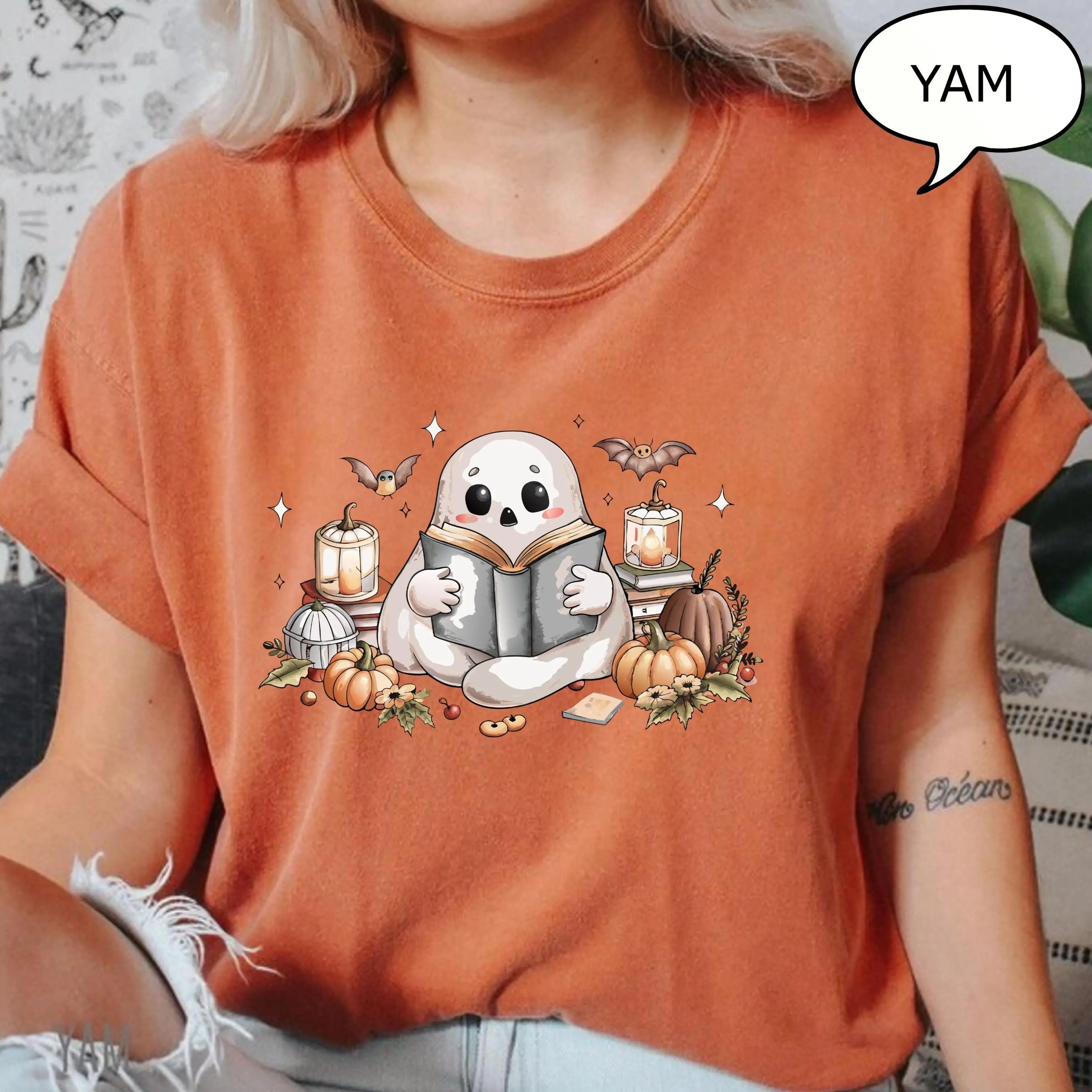 Comfort Colors Book Reading Ghost T-Shirt, Pumpkin Season Halloween Tee, Teacher Lover Gift - photo 2