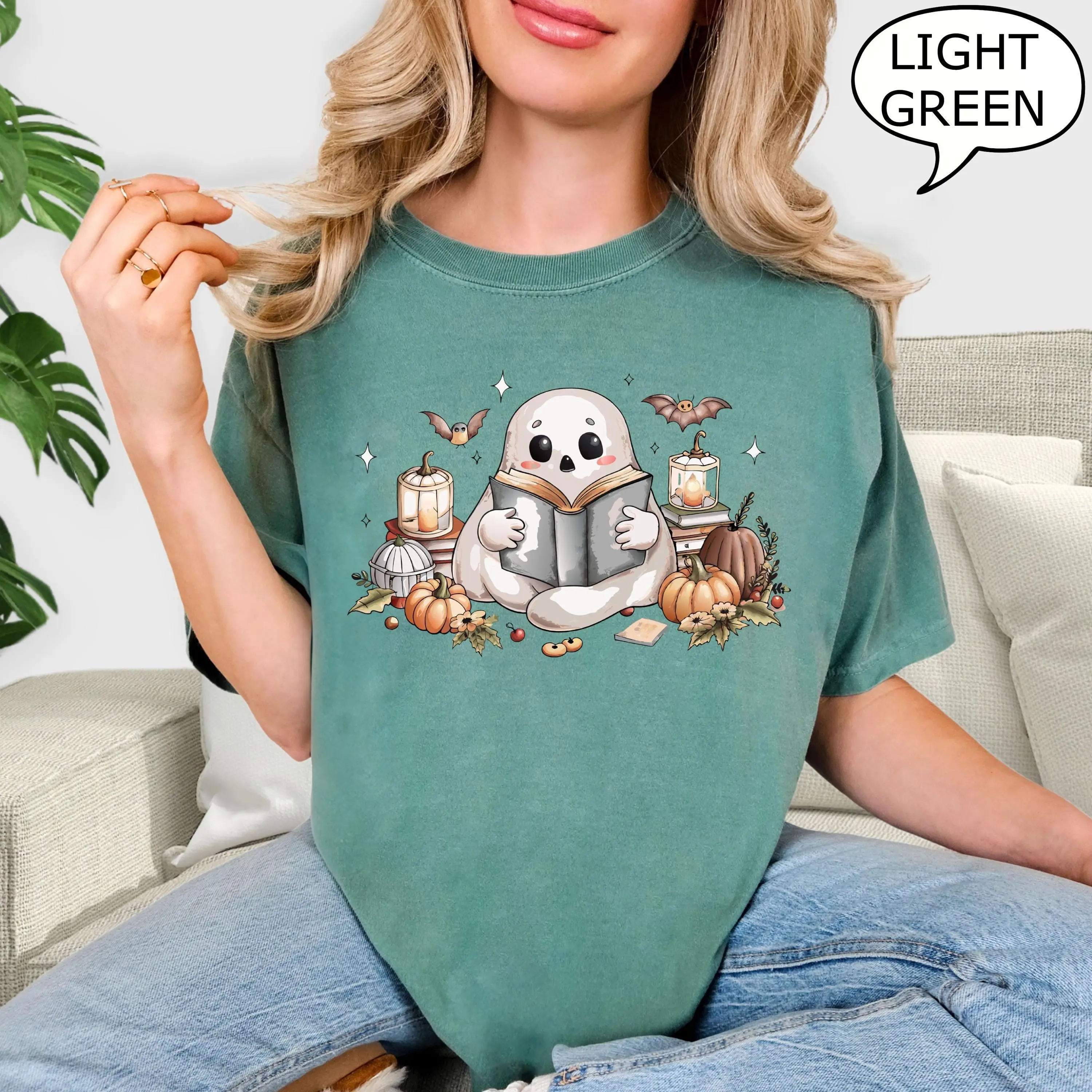 Comfort Colors Book Reading Ghost T-Shirt, Pumpkin Season Halloween Tee, Teacher Lover Gift - photo 3