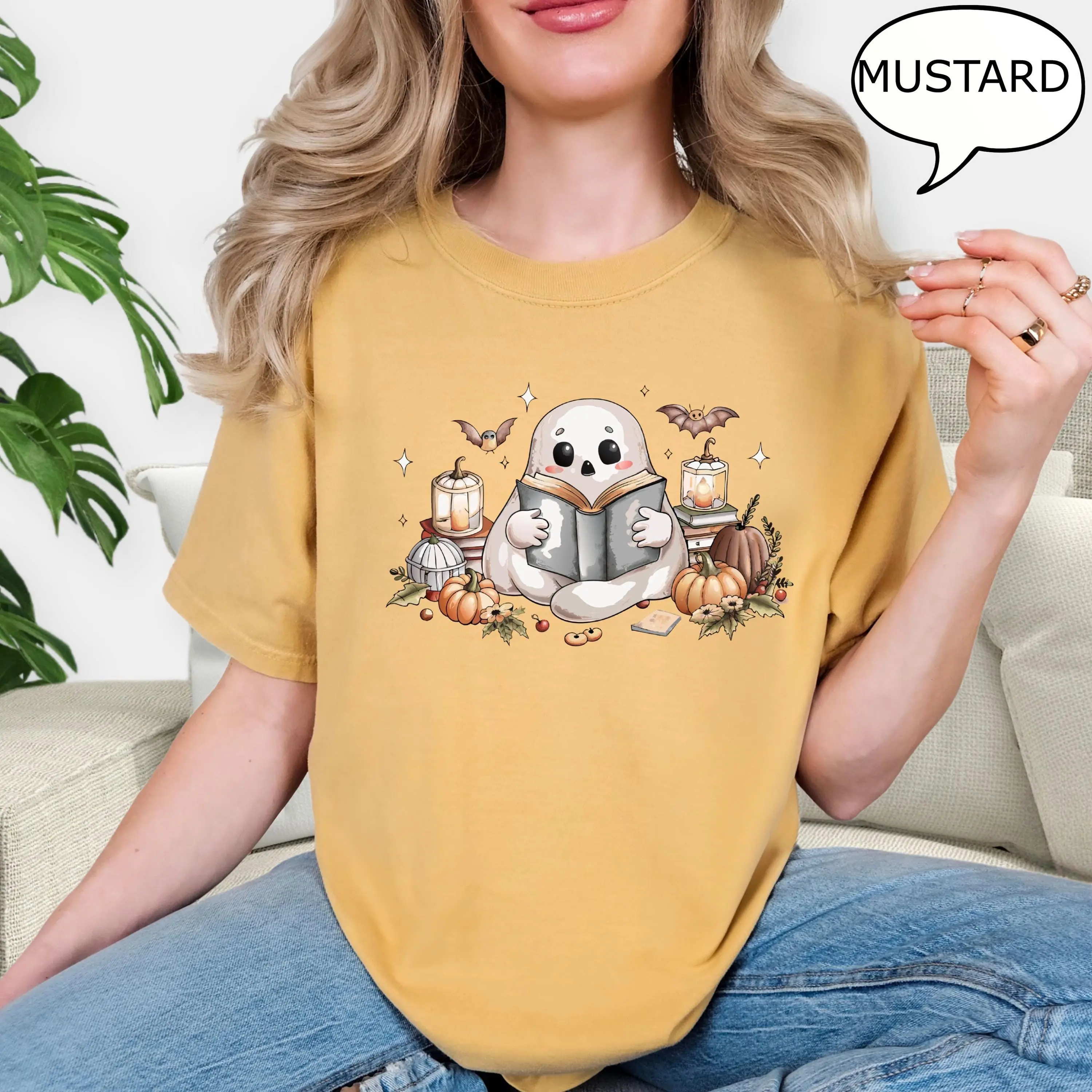 Comfort Colors Book Reading Ghost T-Shirt, Pumpkin Season Halloween Tee, Teacher Lover Gift - photo 4