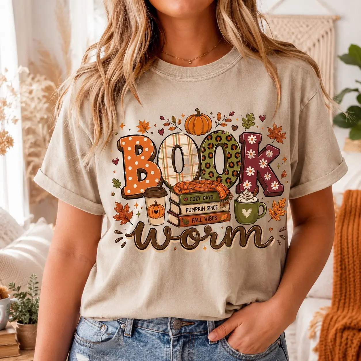 Comfort Colors Book Worm Cozy Fall Reading Graphic Women Short Sleeve Vintage Shirts Autumn Season