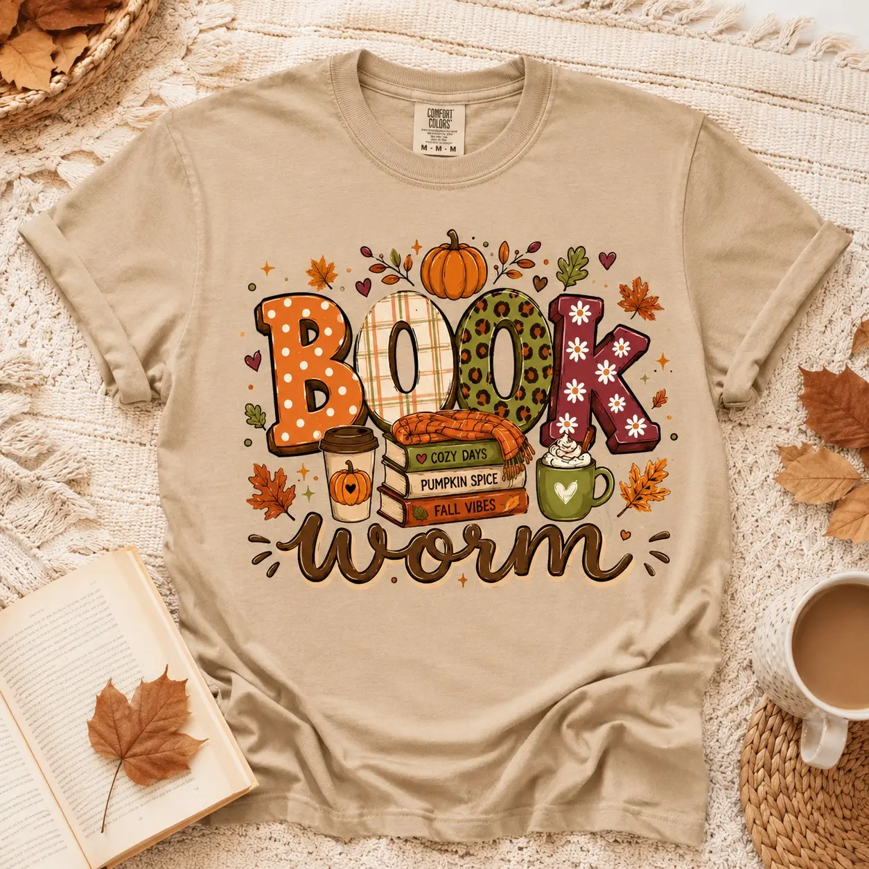Comfort Colors Book Worm Cozy Fall Reading Graphic Women Short Sleeve Vintage Shirts Autumn Season - photo 2