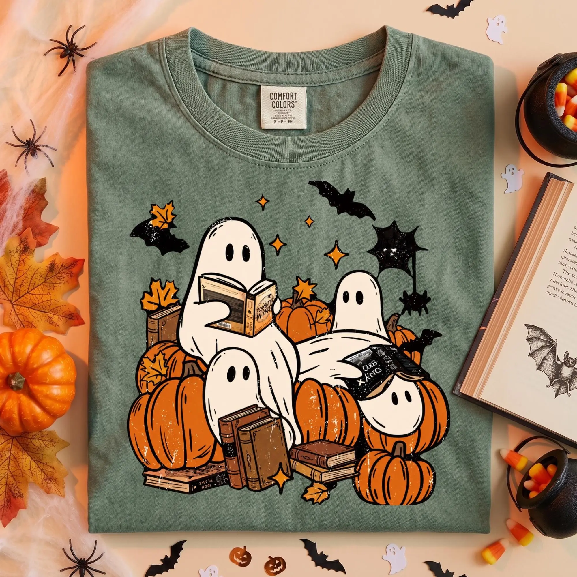 Comfort Colors Bookish Ghost Halloween Shirt, Cozy Fall Pumpkin Reading Graphic Tee