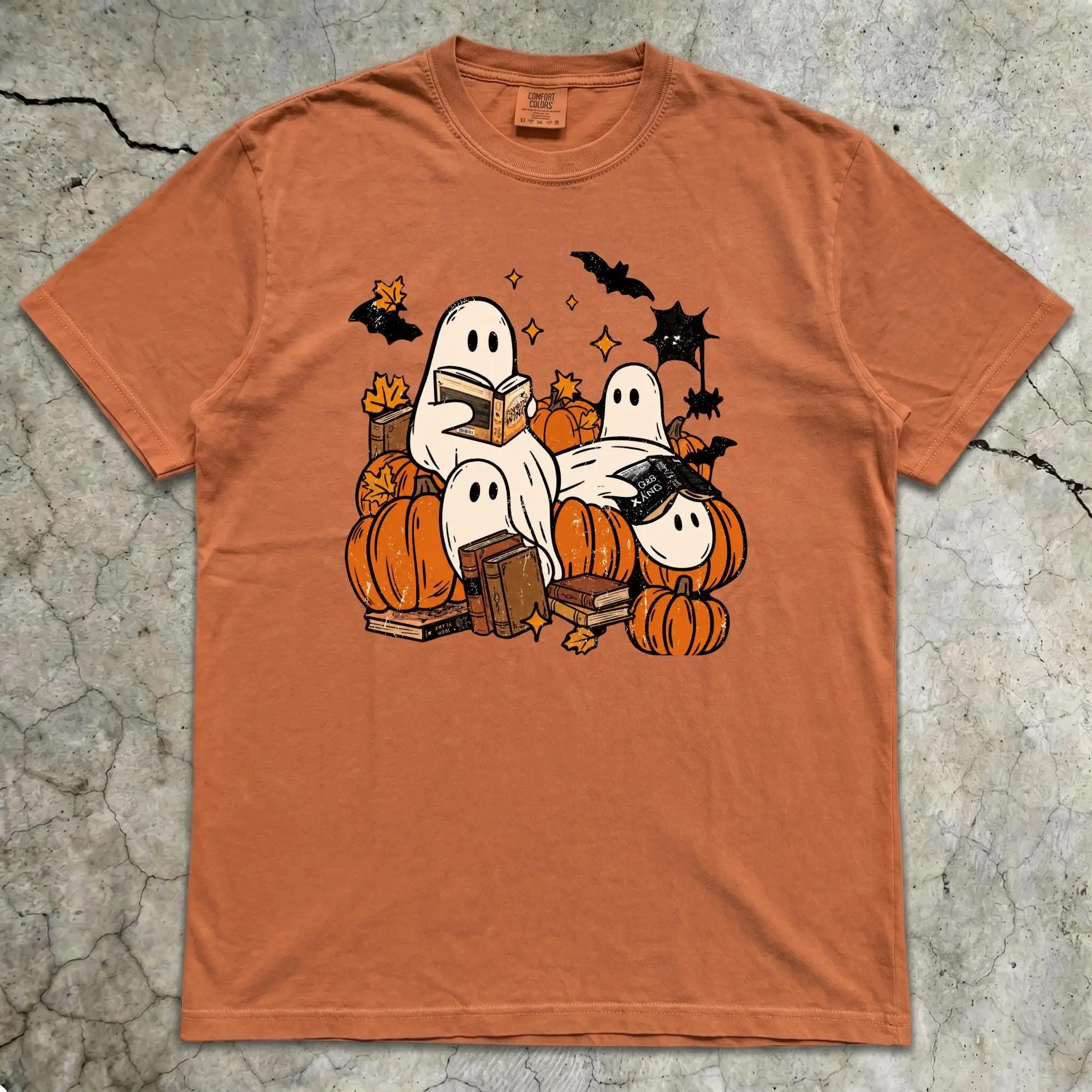 Comfort Colors Bookish Ghost Halloween Shirt, Cozy Fall Pumpkin Reading Graphic Tee - photo 2