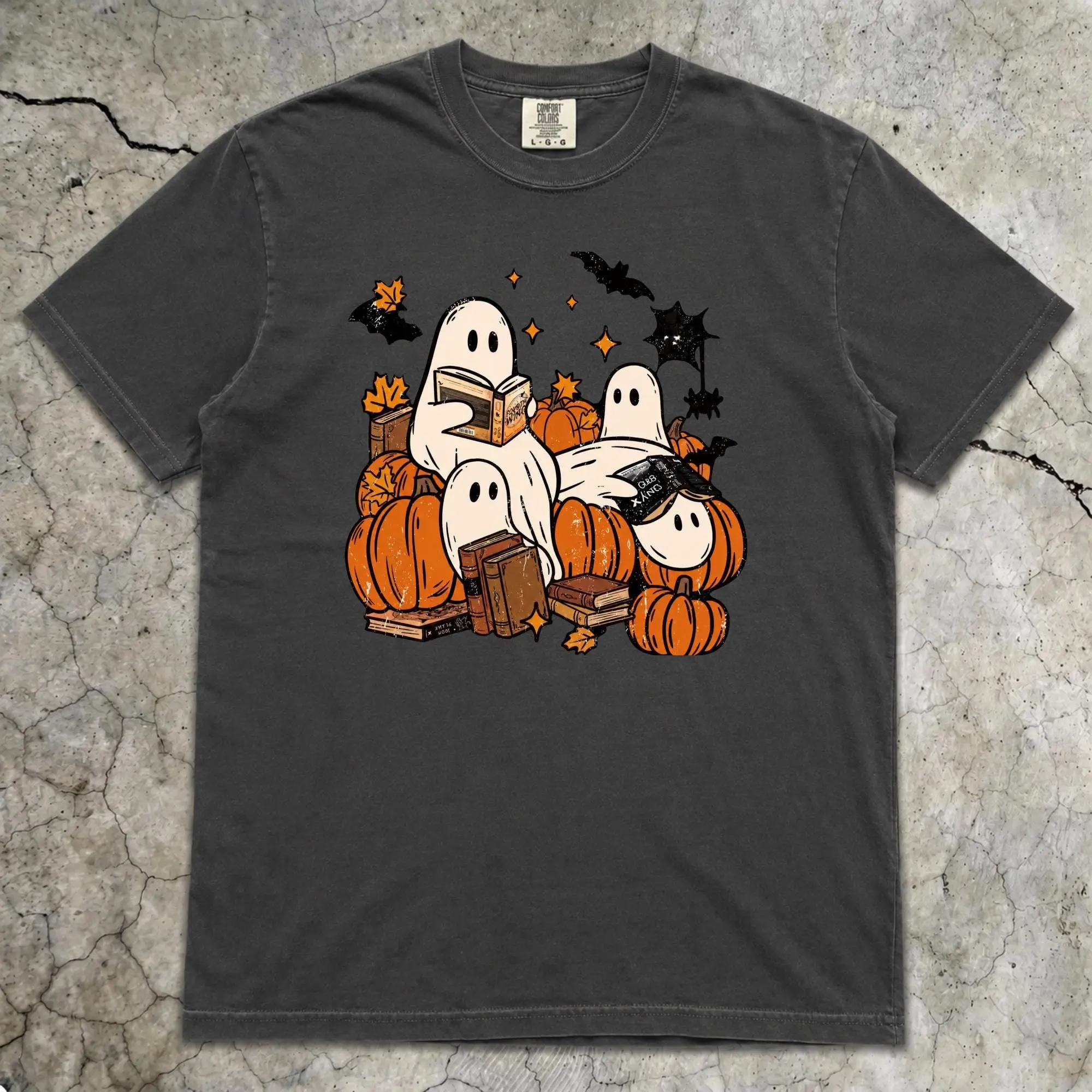 Comfort Colors Bookish Ghost Halloween Shirt, Cozy Fall Pumpkin Reading Graphic Tee - photo 3