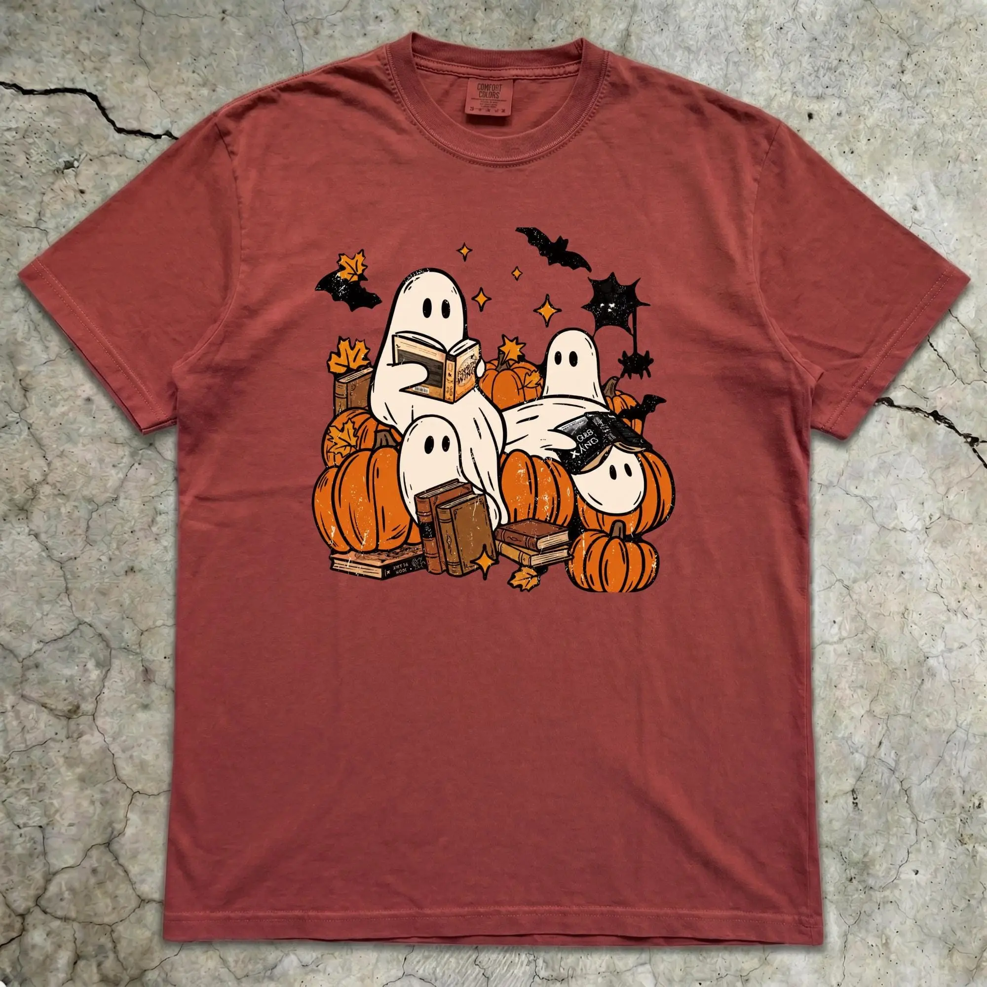 Comfort Colors Bookish Ghost Halloween Shirt, Cozy Fall Pumpkin Reading Graphic Tee - photo 4