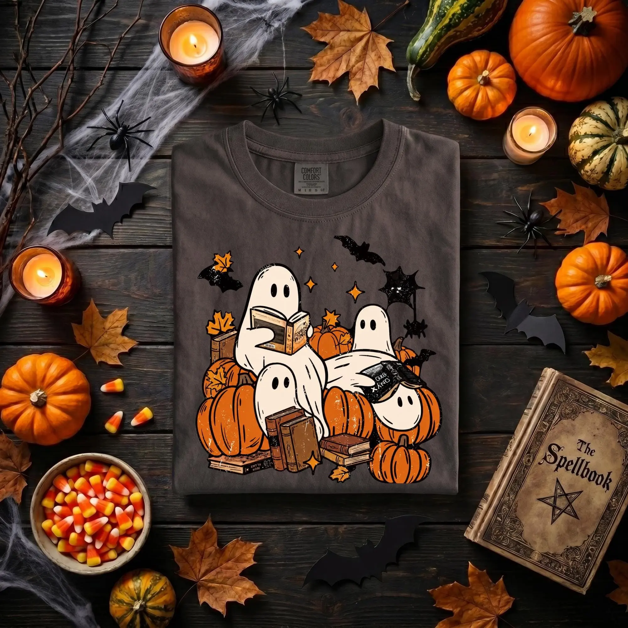 Comfort Colors Bookish Ghost Halloween Shirt, Cozy Fall Pumpkin Reading Graphic Tee - photo 5