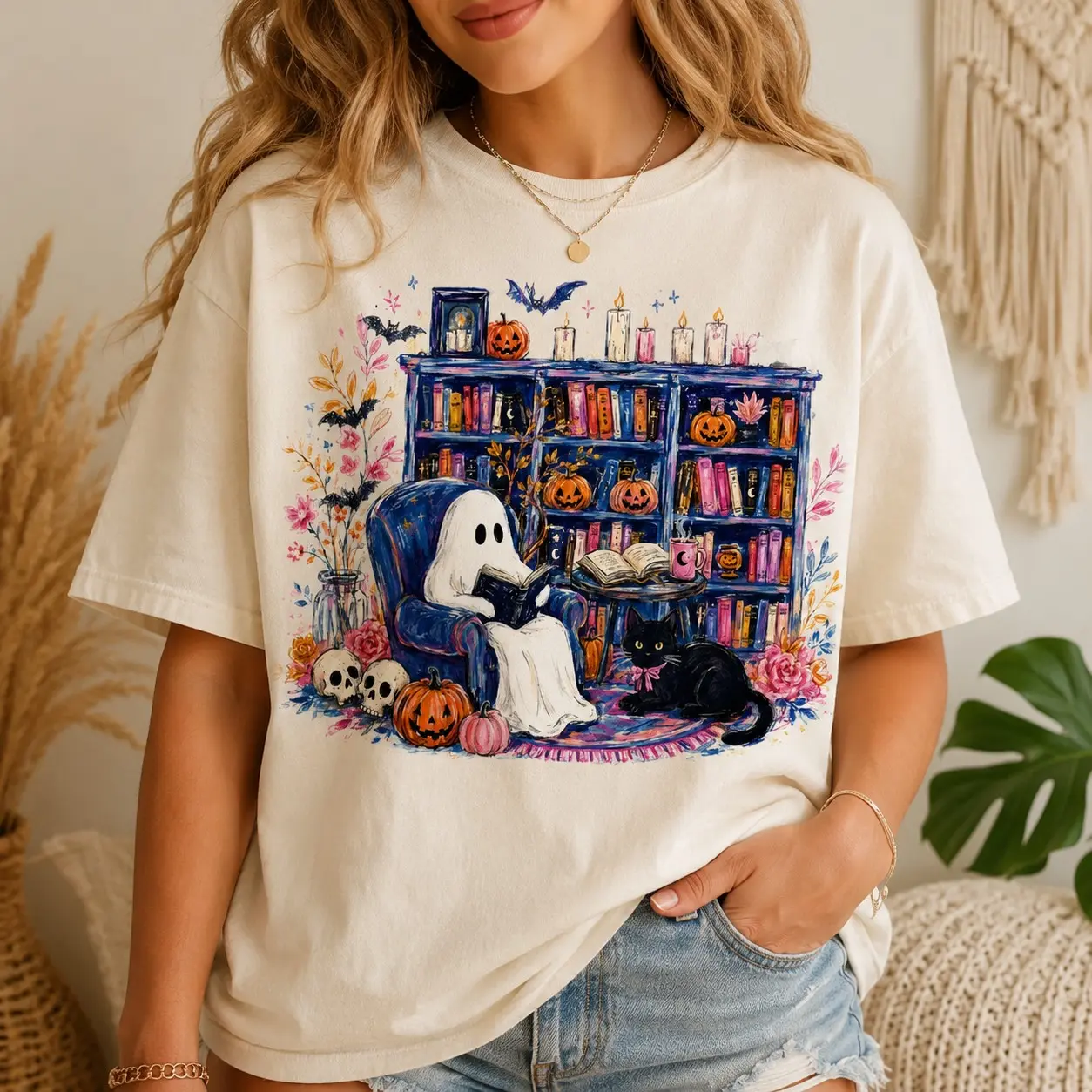 Comfort Colors Bookish Ghost Shirt for Women, Reading Library Black Cat Graphic Tee, Halloween Night Top