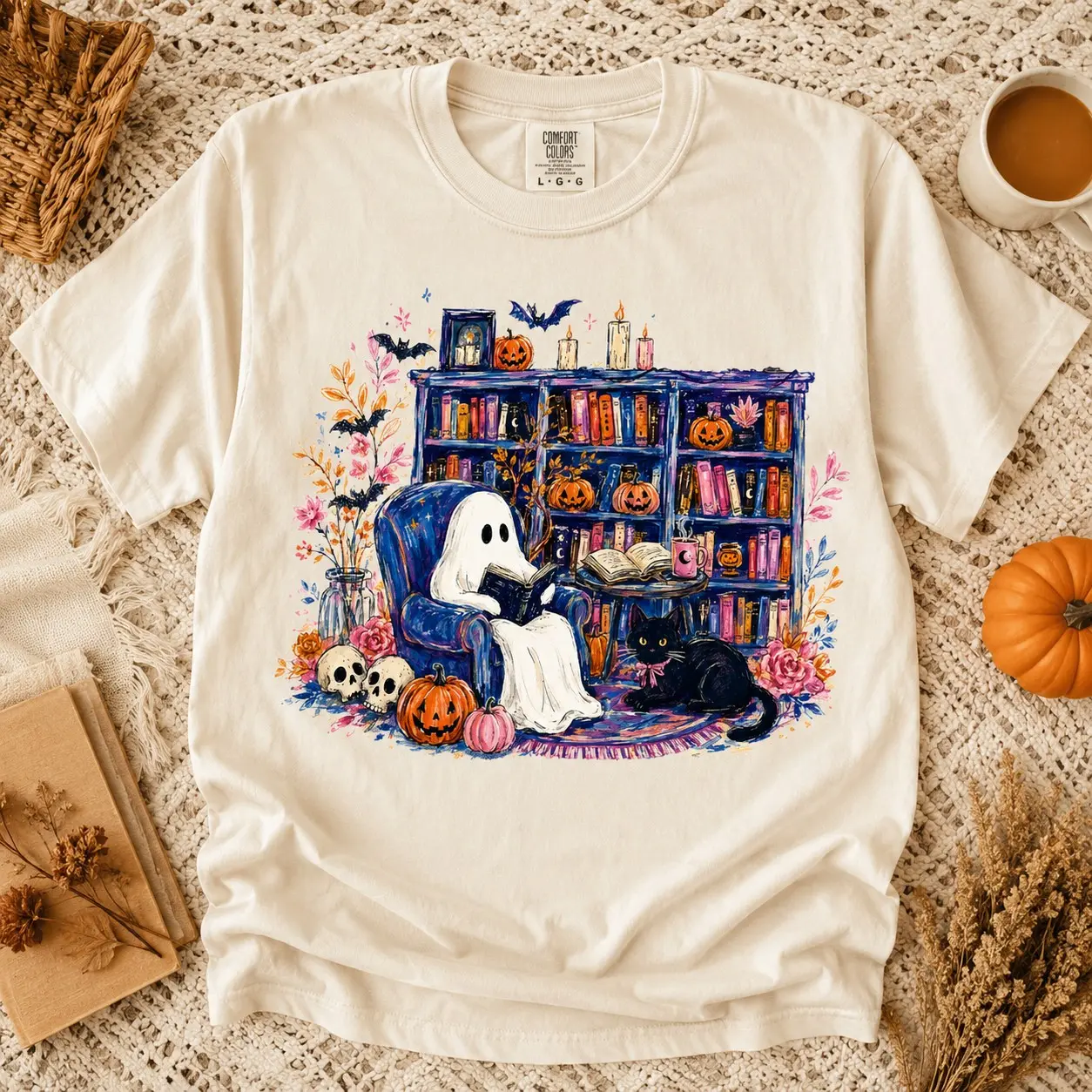Comfort Colors Bookish Ghost Shirt for Women, Reading Library Black Cat Graphic Tee, Halloween Night Top - photo 2