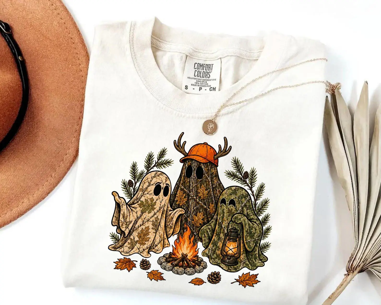 Comfort Colors Camo Hunting Ghost Halloween Shirt, Cute Spooky Camping Fall Graphic Tee - photo 2