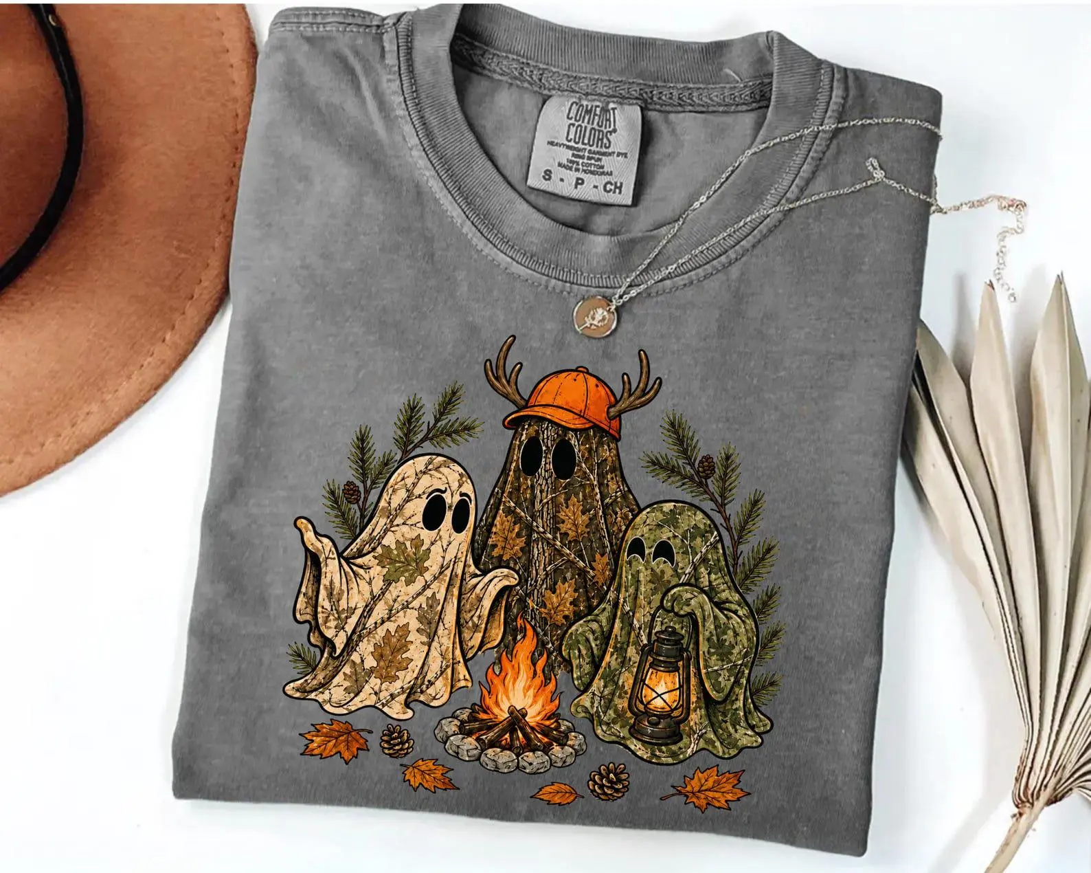 Comfort Colors Camo Hunting Ghost Halloween Shirt, Cute Spooky Camping Fall Graphic Tee - photo 3