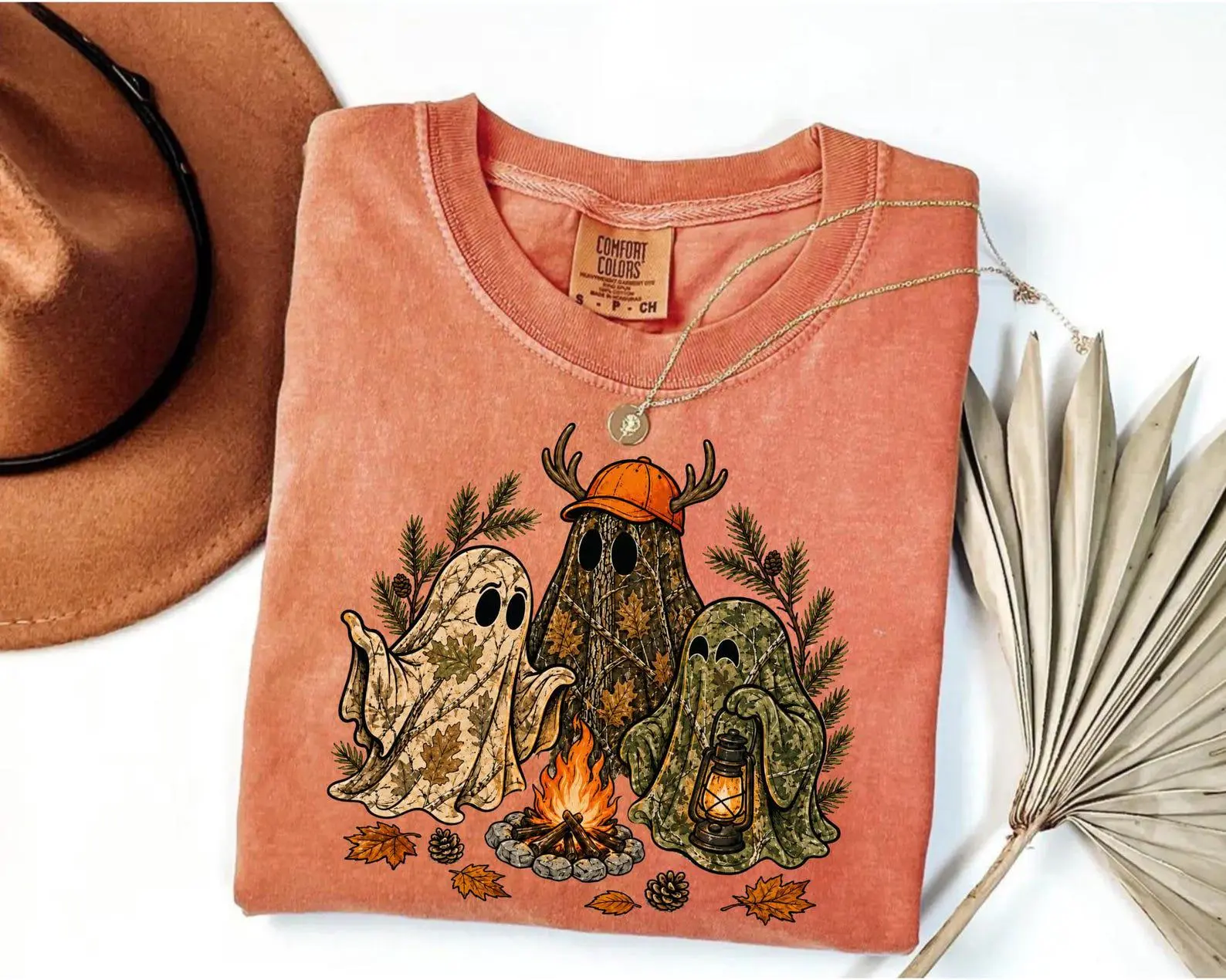 Comfort Colors Camo Hunting Ghost Halloween Shirt, Cute Spooky Camping Fall Graphic Tee - photo 5