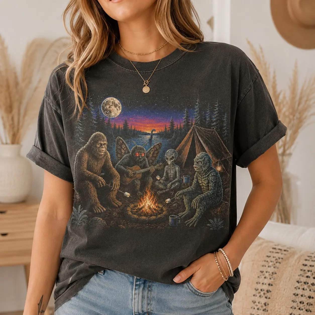 Comfort Colors Campfire Cryptids Bigfoot Mothman Shirt, Retro Spooky Sci Fi Graphic Tee, Nature Lover Camping Trip Birthday Gift