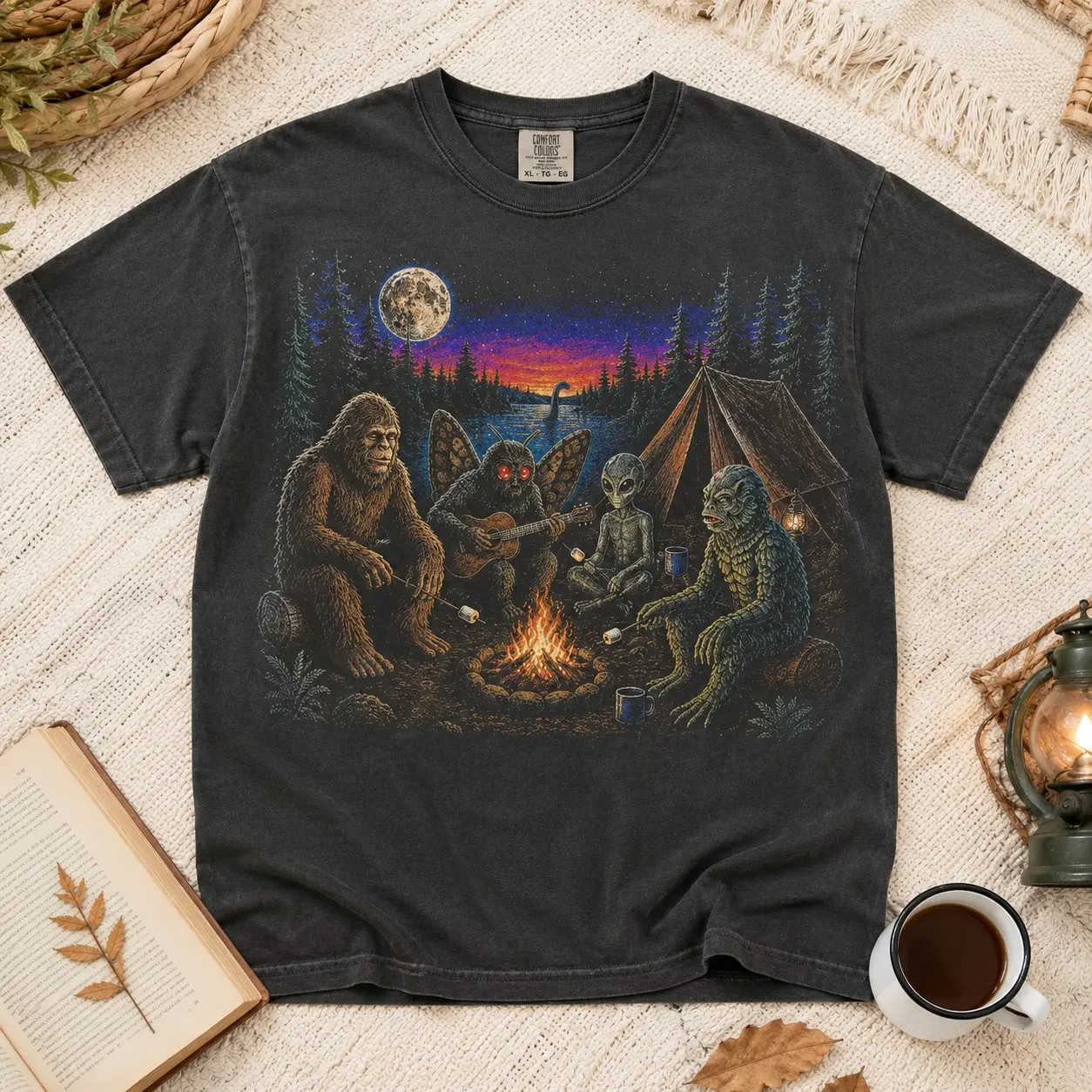 Comfort Colors Campfire Cryptids Bigfoot Mothman Shirt, Retro Spooky Sci Fi Graphic Tee, Nature Lover Camping Trip Birthday Gift - photo 2