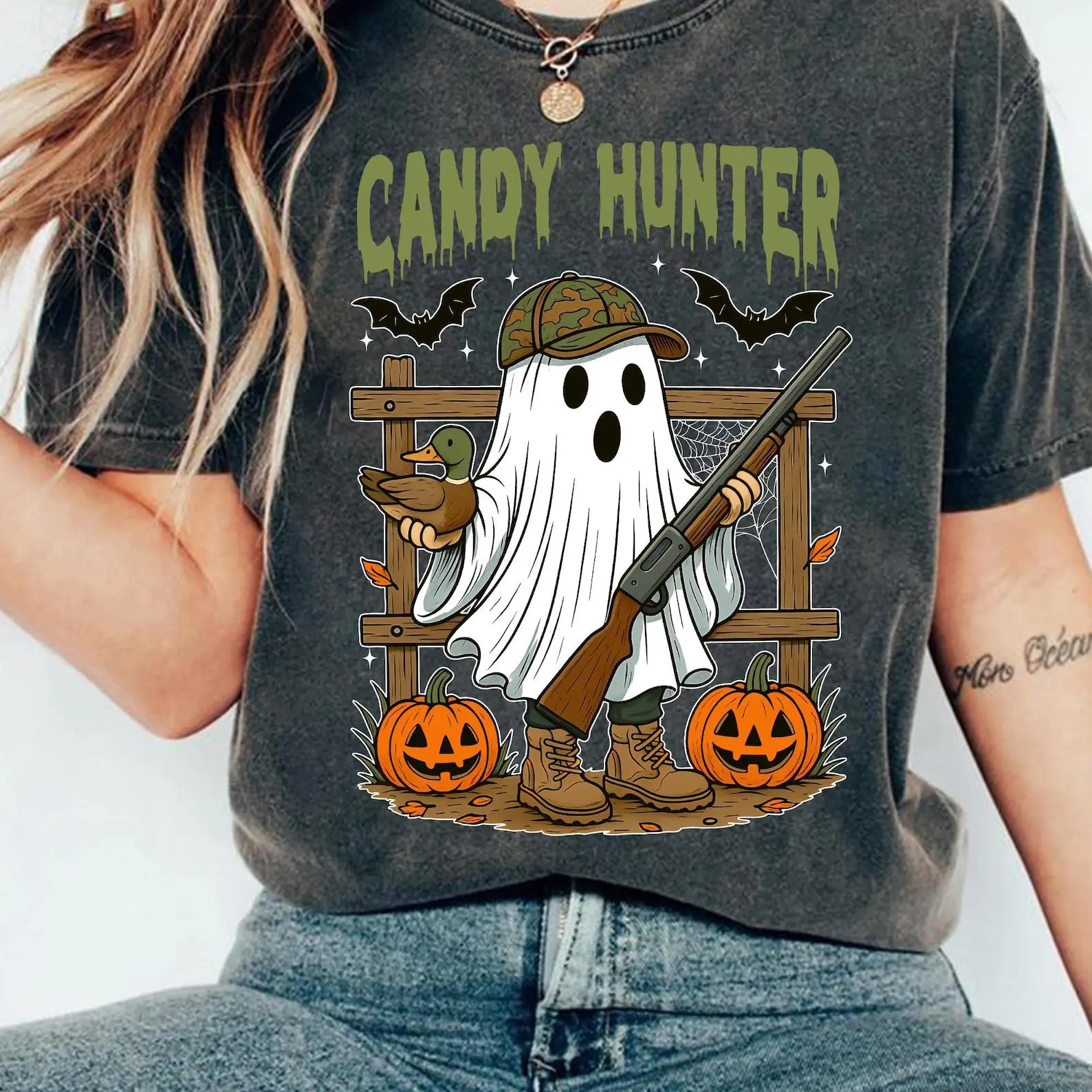 Comfort Colors Candy Hunter Halloween Ghost Shirt, Funny Duck Hunting Pumpkin Tee, Spooky Camo Gift