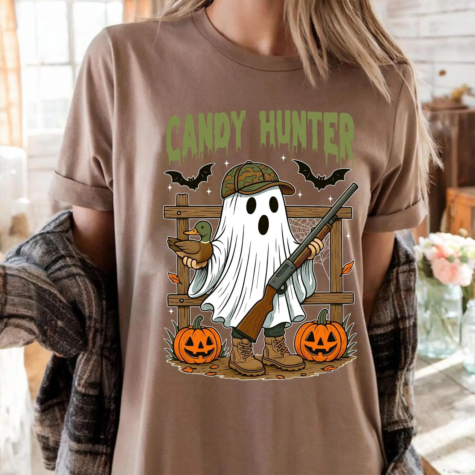 Comfort Colors Candy Hunter Halloween Ghost Shirt, Funny Duck Hunting Pumpkin Tee, Spooky Camo Gift - photo 2