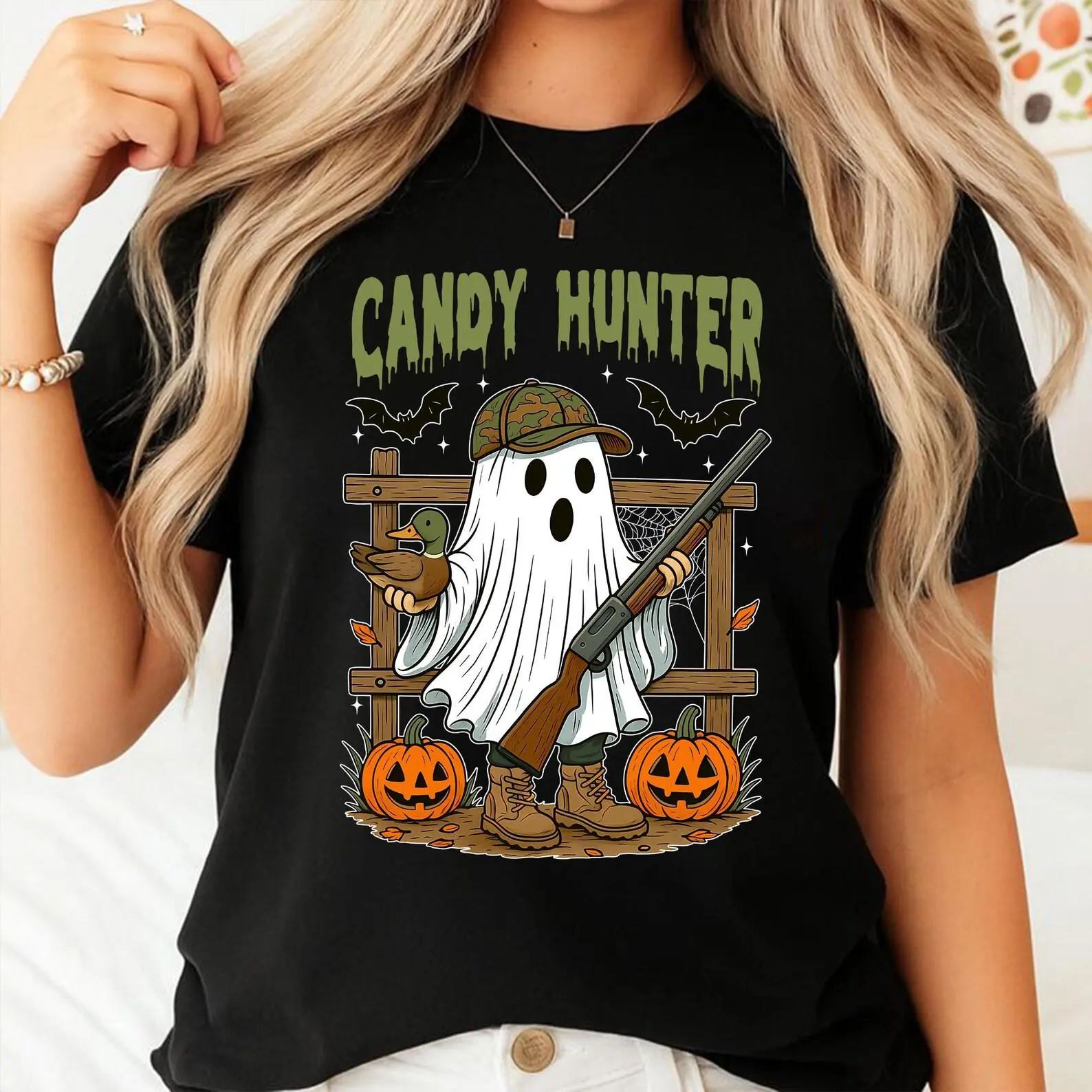 Comfort Colors Candy Hunter Halloween Ghost Shirt, Funny Duck Hunting Pumpkin Tee, Spooky Camo Gift - photo 3