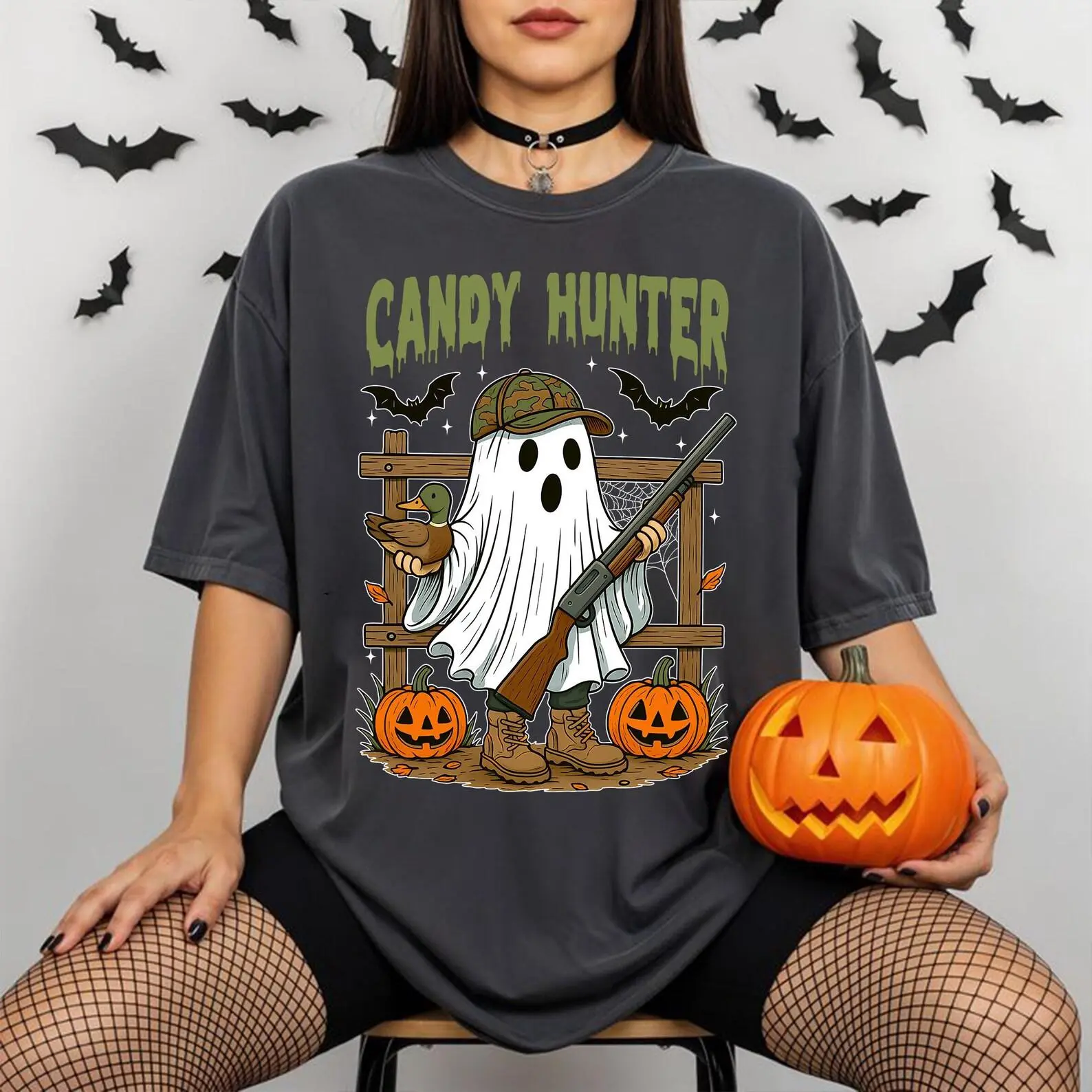 Comfort Colors Candy Hunter Halloween Ghost Shirt, Funny Duck Hunting Pumpkin Tee, Spooky Camo Gift - photo 4