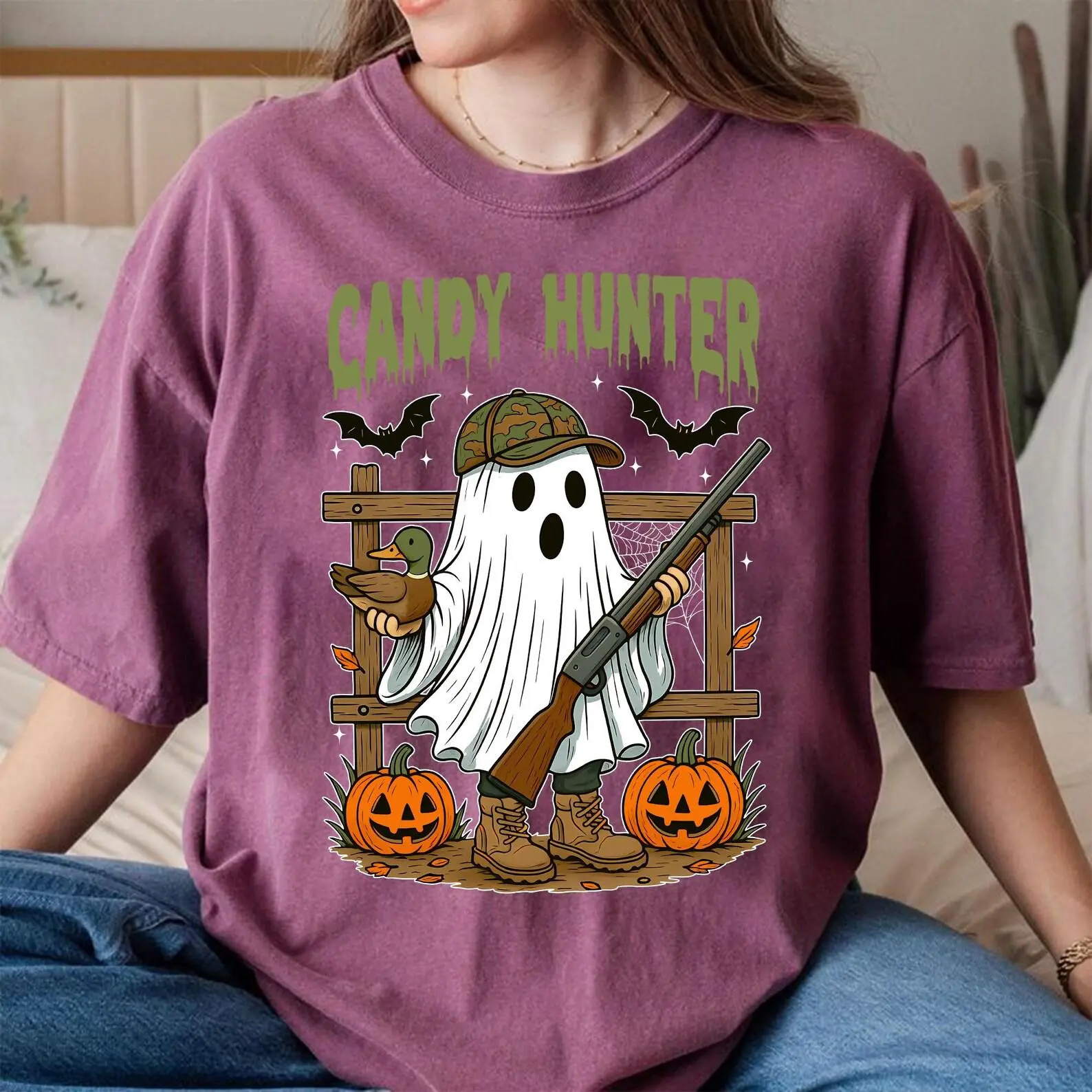 Comfort Colors Candy Hunter Halloween Ghost Shirt, Funny Duck Hunting Pumpkin Tee, Spooky Camo Gift - photo 5