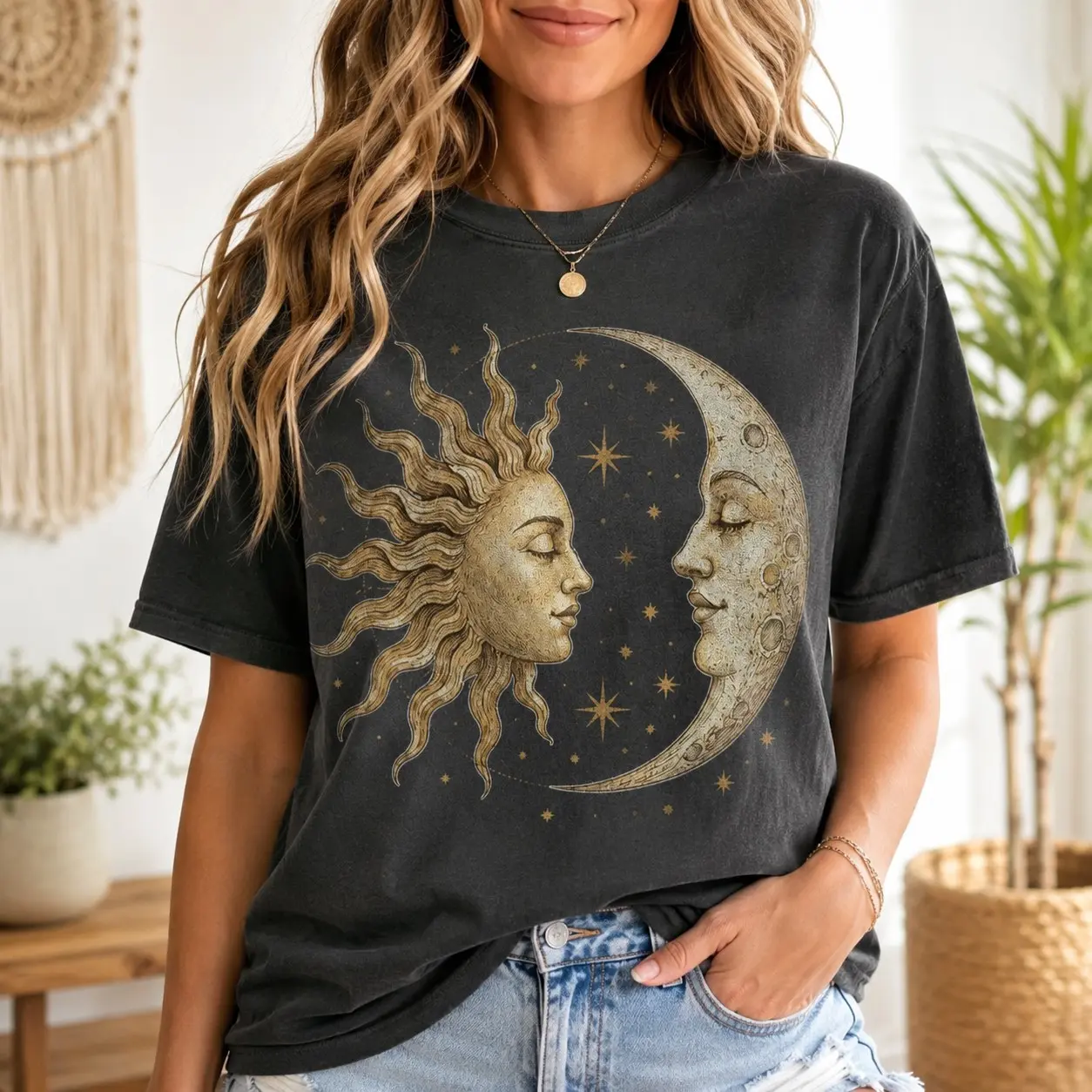 Comfort Colors Celestial Sun Crescent Moon Stars Shirt, Aesthetic Witchy Autumn Vintage Tee for Teens, Night Out Gift
